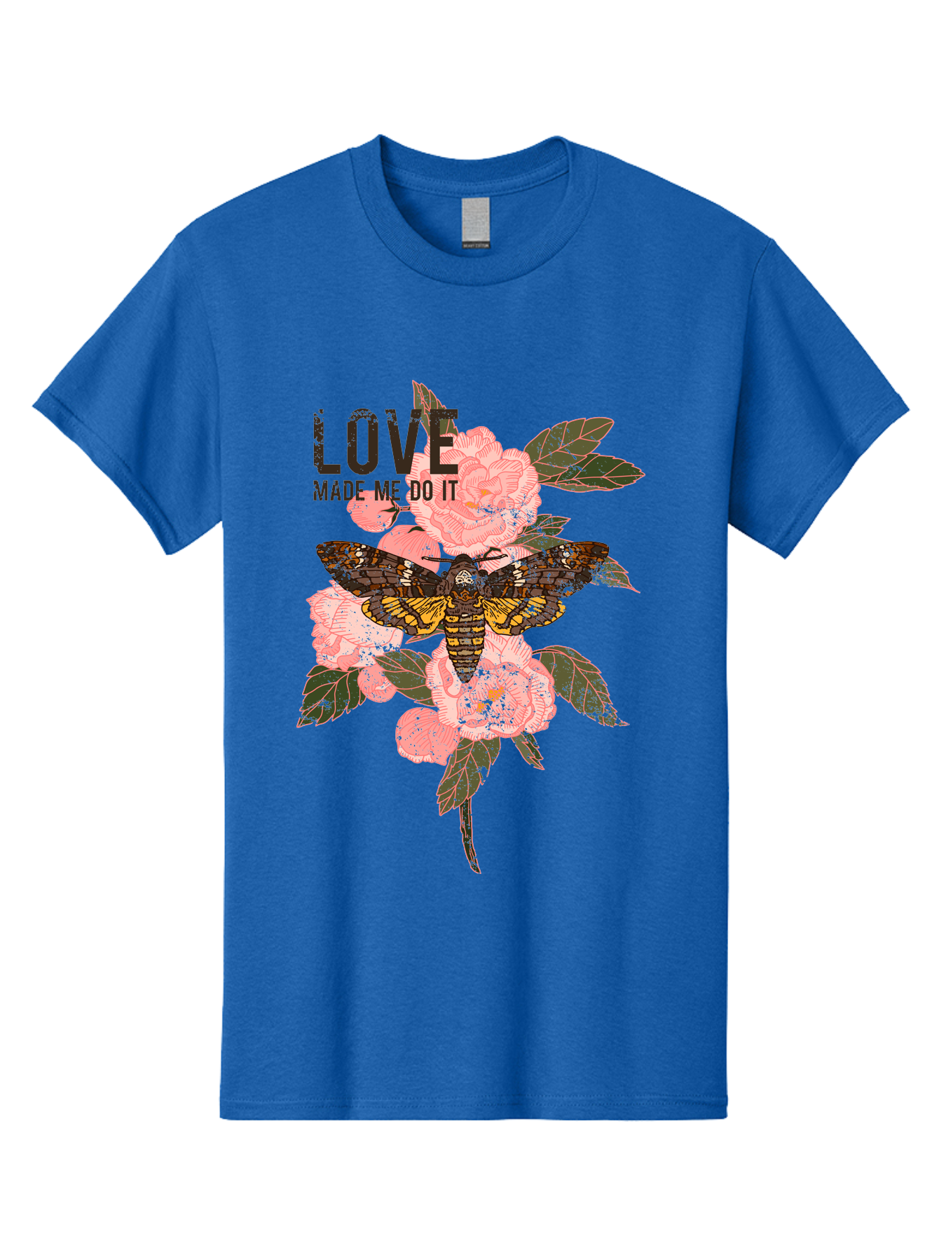 Rose Butterfly -Men Men'S Graphic Tee, 100% Cotton, Comfortable Casual Summer Wear, Machine Washable, Moth On Flowers, Pink Roses, Green Leaves, Love Made Me Do It Quote, Grunge Style, Vintage Aesthetic, Insect Art, Floral Design, Dark Colors, Aae620 29