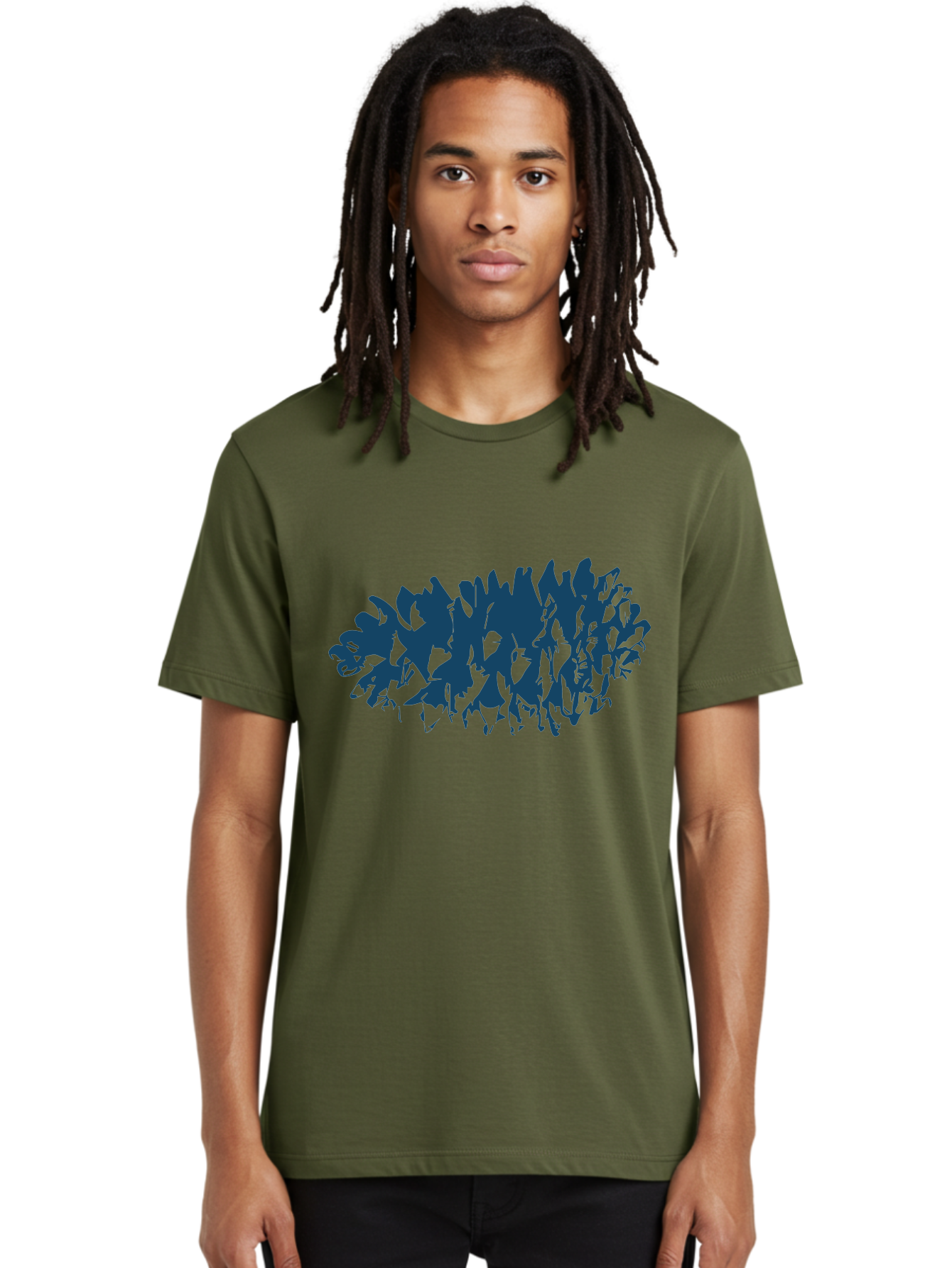 Rustic Pine Cluster Men'S Graphic Tee, 100% Cotton, Comfortable Casual Summer Wear, Machine Washable, Silhouette Of Horses, Group Of Horses, Galloping Horses, Abstract Horses, Dark Blue Horses, Dynamic Movement, Chaotic Movement, Horse Shapes, Aae627 24