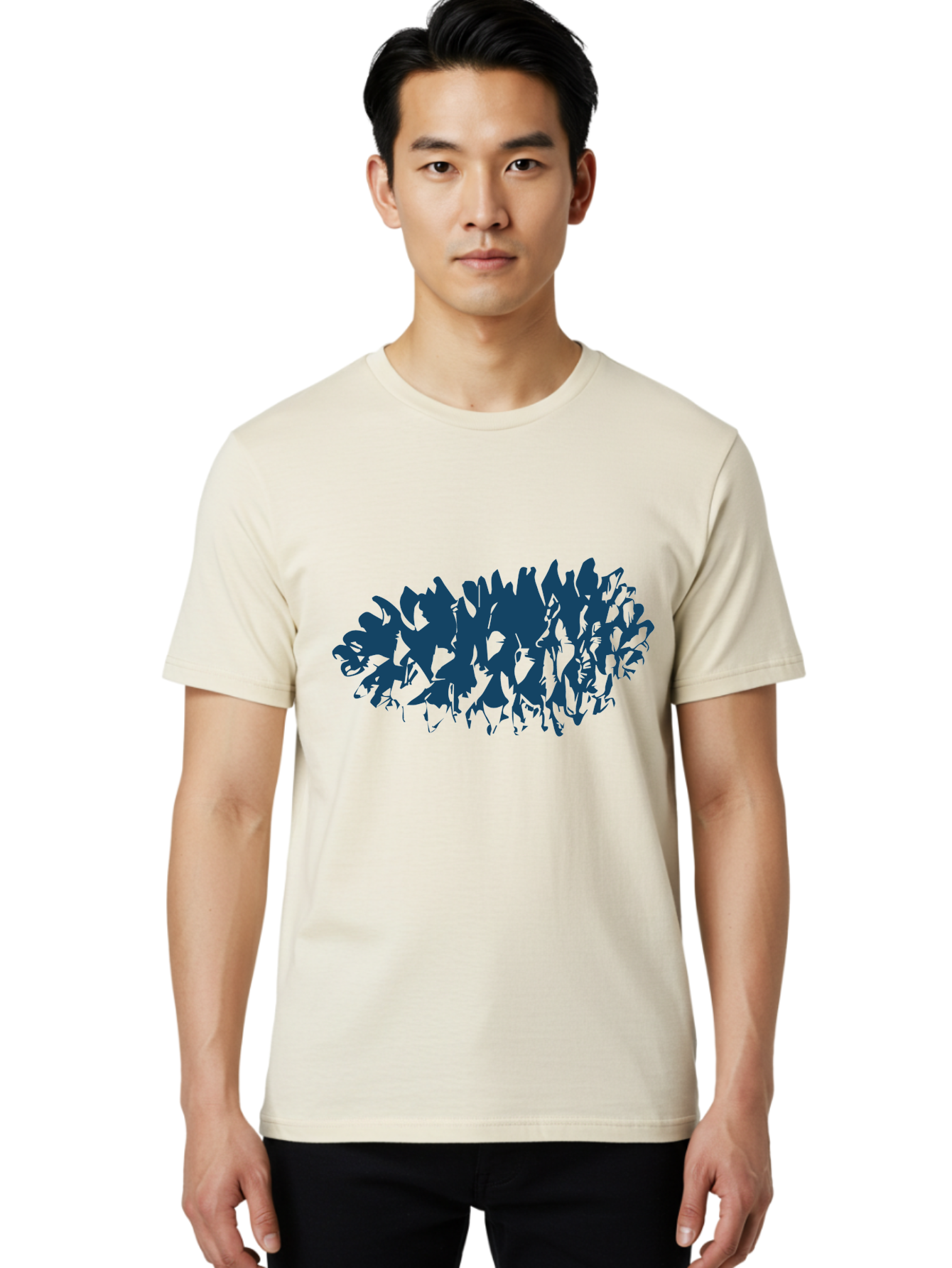 Rustic Pine Cluster Men'S Graphic Tee, 100% Cotton, Comfortable Casual Summer Wear, Machine Washable, Silhouette Of Horses, Group Of Horses, Galloping Horses, Abstract Horses, Dark Blue Horses, Dynamic Movement, Chaotic Movement, Horse Shapes, Aae627 28