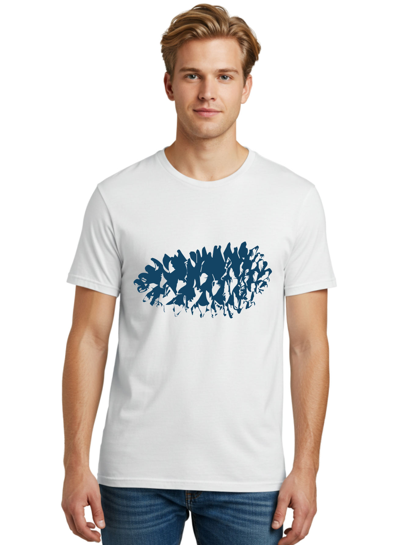 Rustic Pine Cluster Men'S Graphic Tee, 100% Cotton, Comfortable Casual Summer Wear, Machine Washable, Silhouette Of Horses, Group Of Horses, Galloping Horses, Abstract Horses, Dark Blue Horses, Dynamic Movement, Chaotic Movement, Horse Shapes, Aae627 4