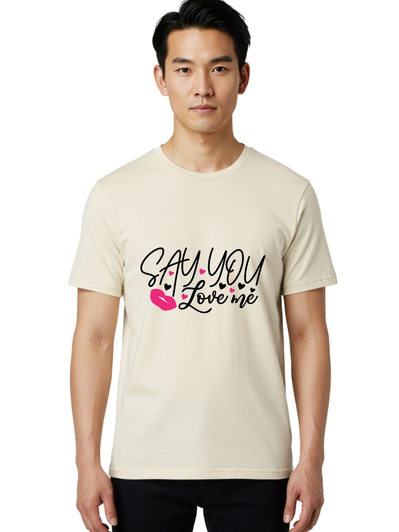 Say You Love Me Men'S Graphic Tee, 100% Cotton, Comfortable Casual Summer Wear, Machine Washable, Say You Love Me, Lipstick Kiss, Romantic Quote, Love Phrase, Heart Symbols, Pink Lips, Lovely Message, Sweet Sentiment, Charming Design, Aae629 22