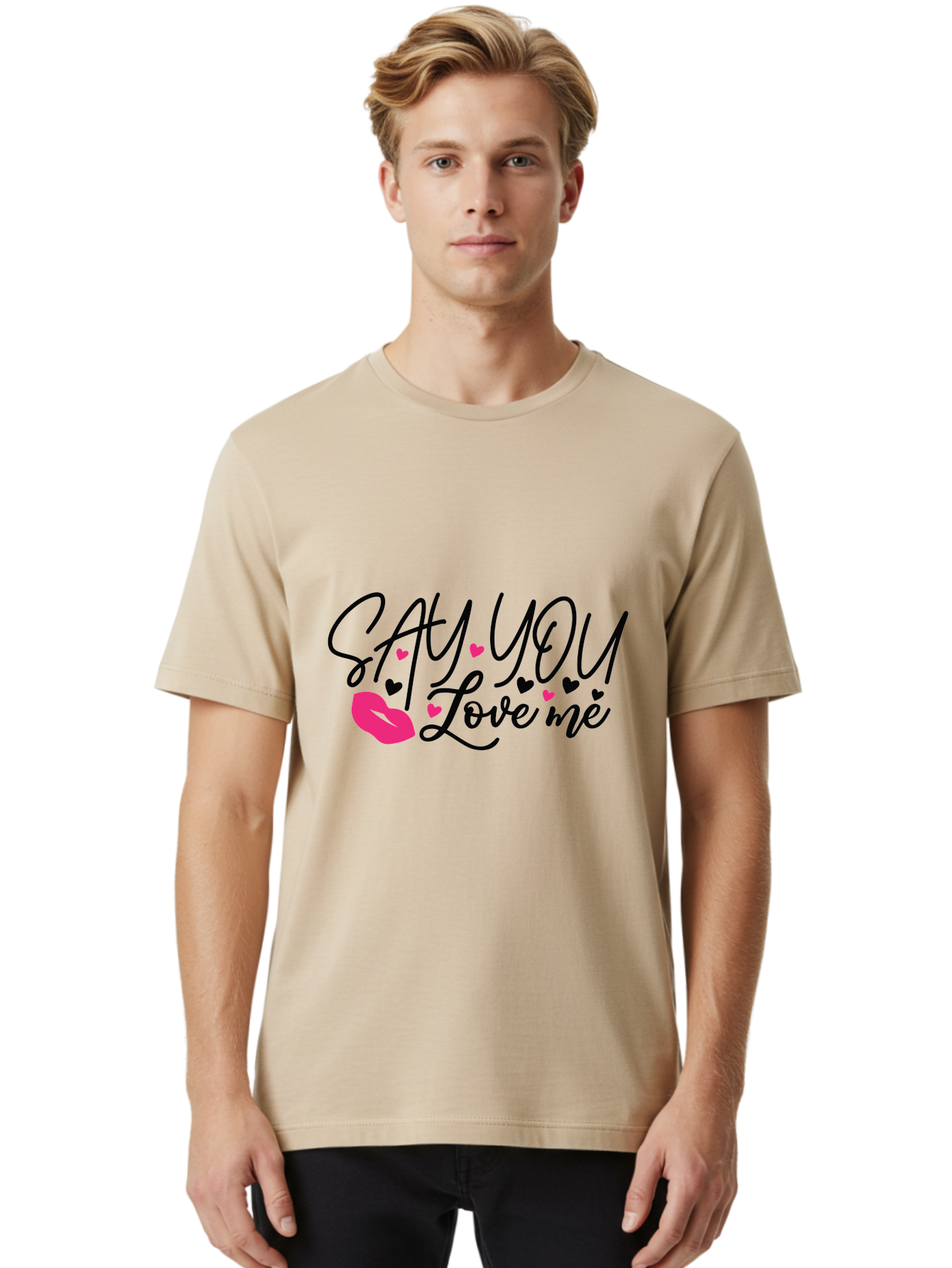 Say You Love Me Men'S Graphic Tee, 100% Cotton, Comfortable Casual Summer Wear, Machine Washable, Say You Love Me, Lipstick Kiss, Romantic Quote, Love Phrase, Heart Symbols, Pink Lips, Lovely Message, Sweet Sentiment, Charming Design, Aae629 4