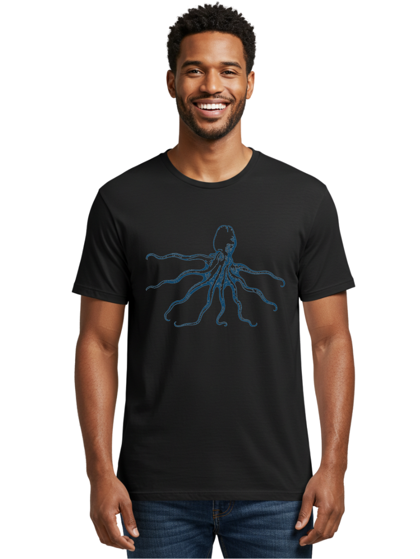 Sea Octopus Men'S Graphic Tee, 100% Cotton, Comfortable Casual Summer Wear, Machine Washable, Octopus, Eight Legs, Marine Life, Underwater Creature, Cephalopod, Ocean Animal, Tentacles, Wildlife, Sea Creature, Blue Illustration Aae631 22