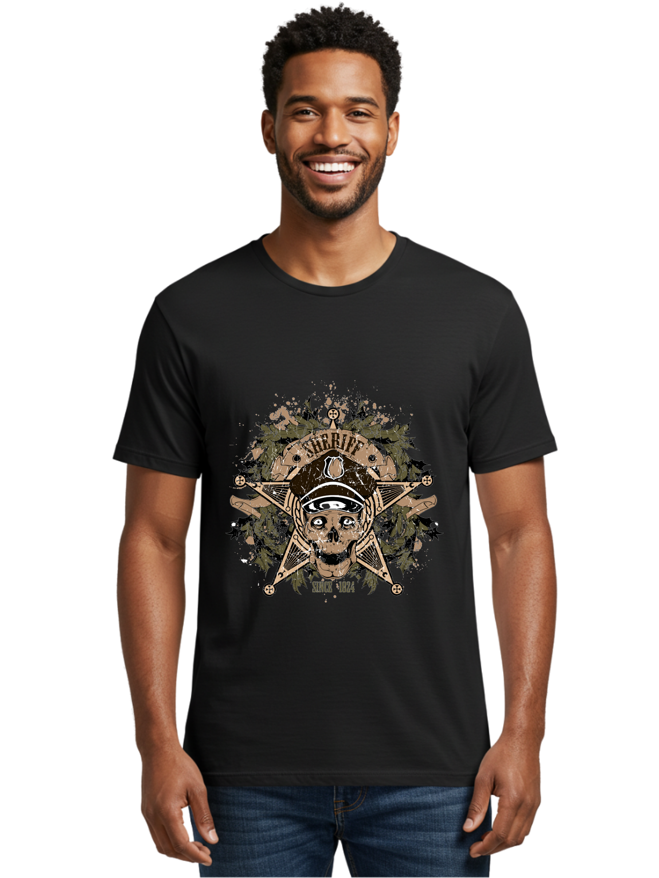 Sheriff Since 1824 Men'S Graphic Tee, 100% Cotton, Comfortable Casual Summer Wear, Machine Washable, Vintage Skull Design, Sailor Skull, Pirate Emblem, Nautical Theme, Tattoo Art, Grunge Style, Maritime Symbol, Edgy Aesthetic, Pirate Life, Aae634 2