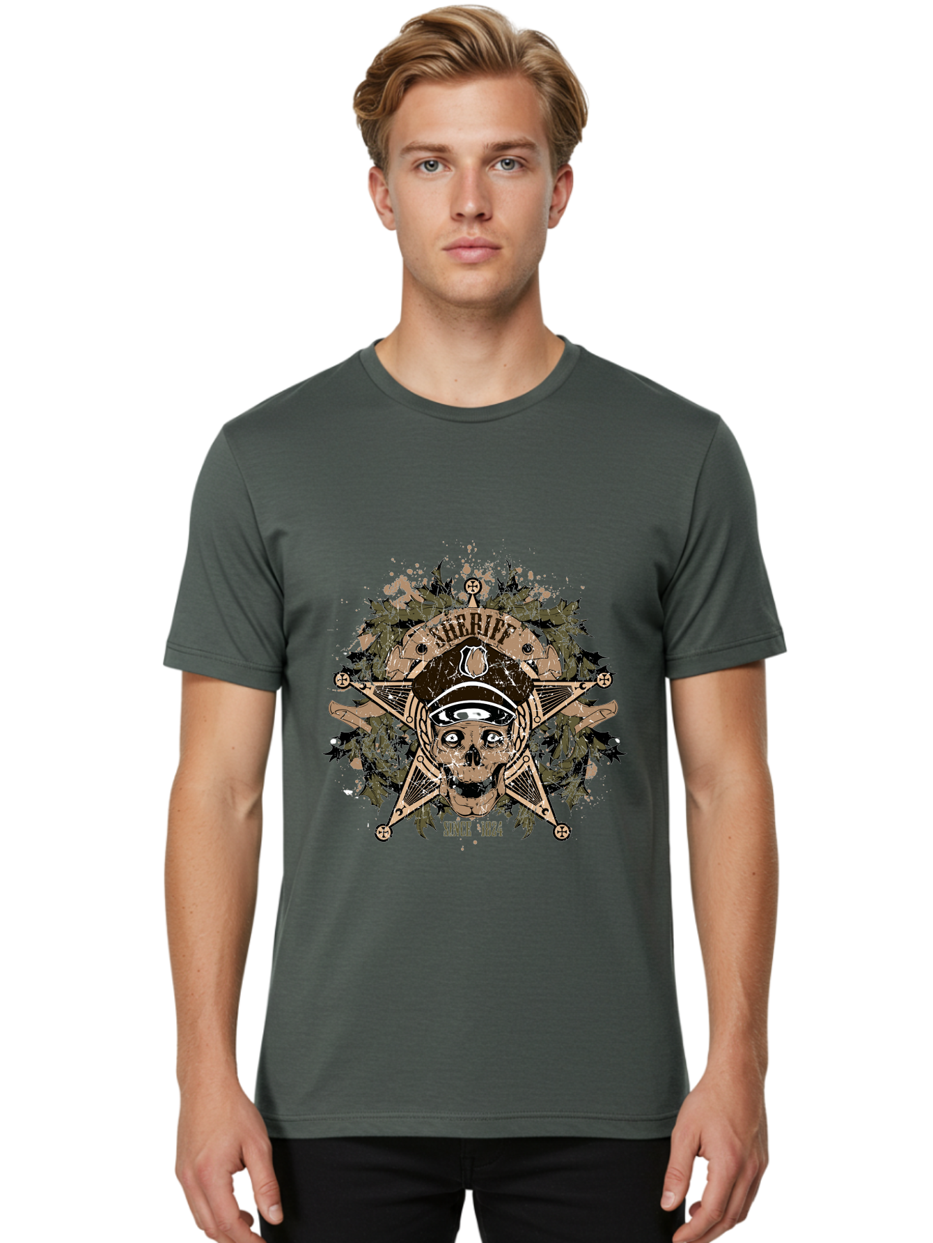 Sheriff Since 1824 Men'S Graphic Tee, 100% Cotton, Comfortable Casual Summer Wear, Machine Washable, Vintage Skull Design, Sailor Skull, Pirate Emblem, Nautical Theme, Tattoo Art, Grunge Style, Maritime Symbol, Edgy Aesthetic, Pirate Life, Aae634 16