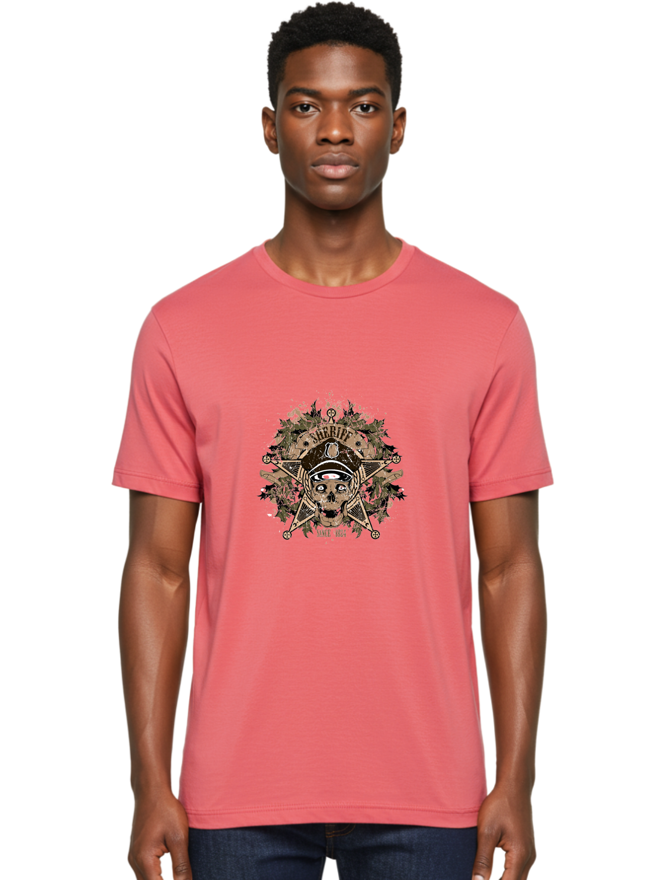 Sheriff Since 1824 Men'S Graphic Tee, 100% Cotton, Comfortable Casual Summer Wear, Machine Washable, Vintage Skull Design, Sailor Skull, Pirate Emblem, Nautical Theme, Tattoo Art, Grunge Style, Maritime Symbol, Edgy Aesthetic, Pirate Life, Aae634 22