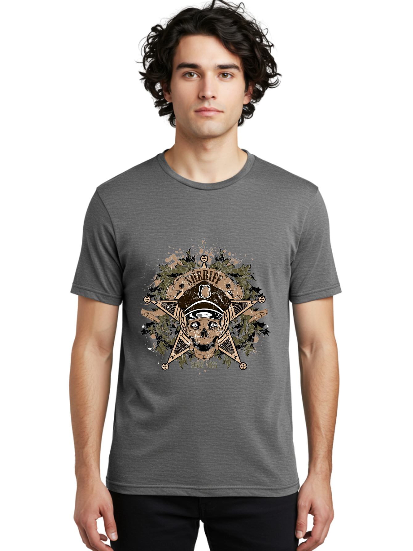 Sheriff Since 1824 Men'S Graphic Tee, 100% Cotton, Comfortable Casual Summer Wear, Machine Washable, Vintage Skull Design, Sailor Skull, Pirate Emblem, Nautical Theme, Tattoo Art, Grunge Style, Maritime Symbol, Edgy Aesthetic, Pirate Life, Aae634 30