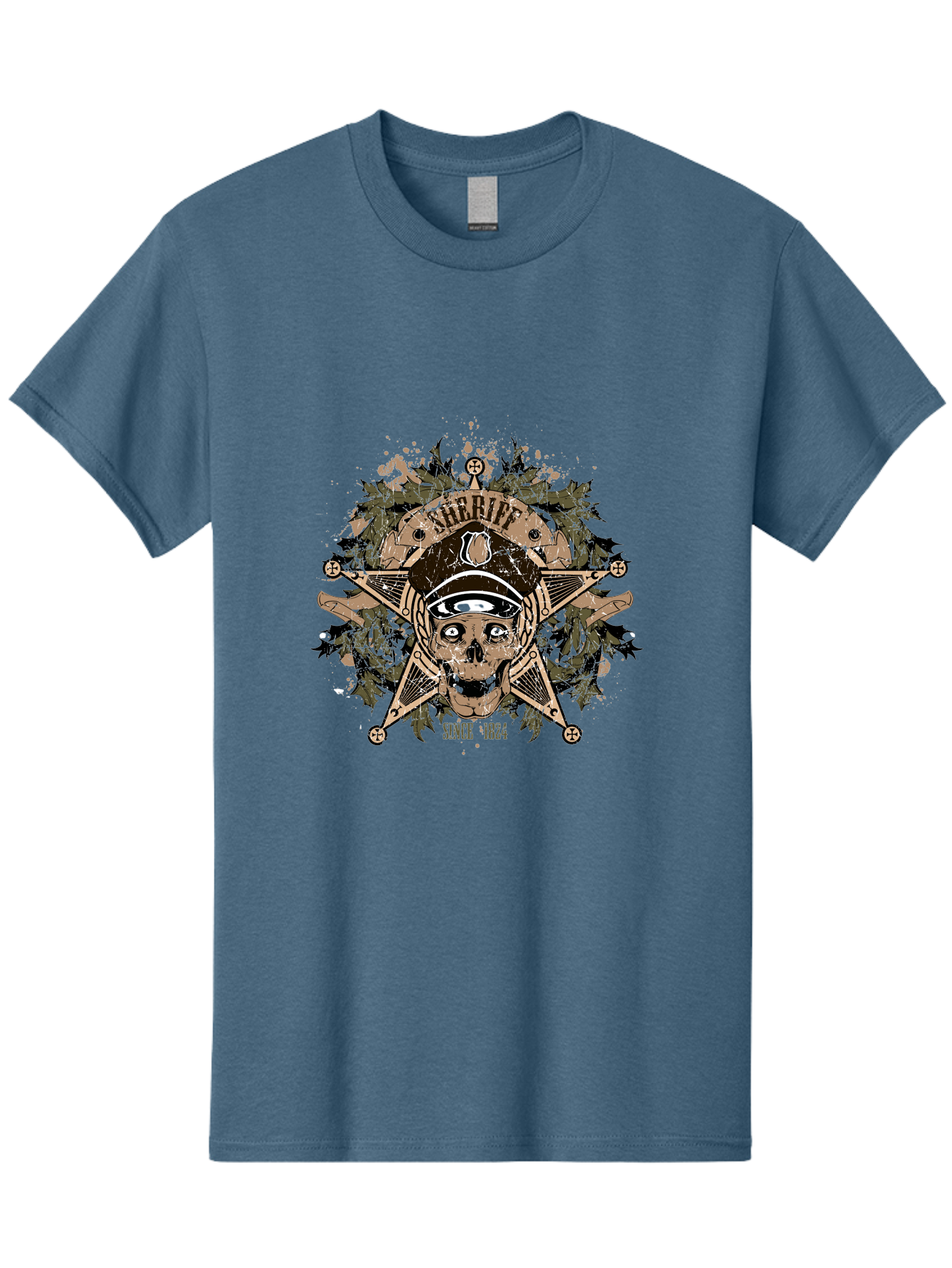 Sheriff Since 1824 Men'S Graphic Tee, 100% Cotton, Comfortable Casual Summer Wear, Machine Washable, Vintage Skull Design, Sailor Skull, Pirate Emblem, Nautical Theme, Tattoo Art, Grunge Style, Maritime Symbol, Edgy Aesthetic, Pirate Life, Aae634 11