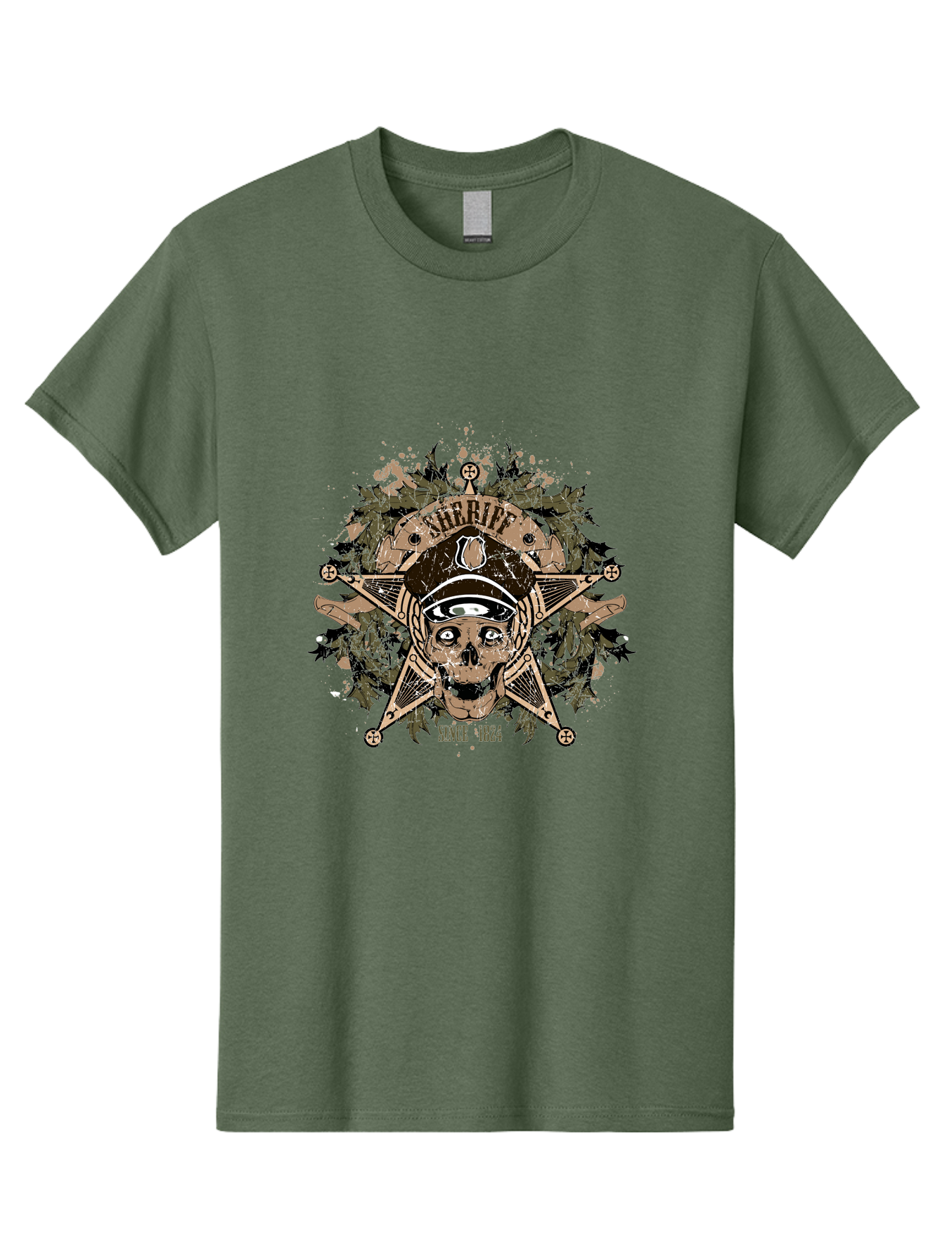 Sheriff Since 1824 Men'S Graphic Tee, 100% Cotton, Comfortable Casual Summer Wear, Machine Washable, Vintage Skull Design, Sailor Skull, Pirate Emblem, Nautical Theme, Tattoo Art, Grunge Style, Maritime Symbol, Edgy Aesthetic, Pirate Life, Aae634 13