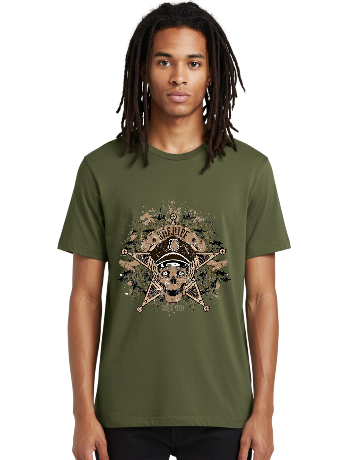 Sheriff Since 1824 Men'S Graphic Tee, 100% Cotton, Comfortable Casual Summer Wear, Machine Washable, Vintage Skull Design, Sailor Skull, Pirate Emblem, Nautical Theme, Tattoo Art, Grunge Style, Maritime Symbol, Edgy Aesthetic, Pirate Life, Aae634 14