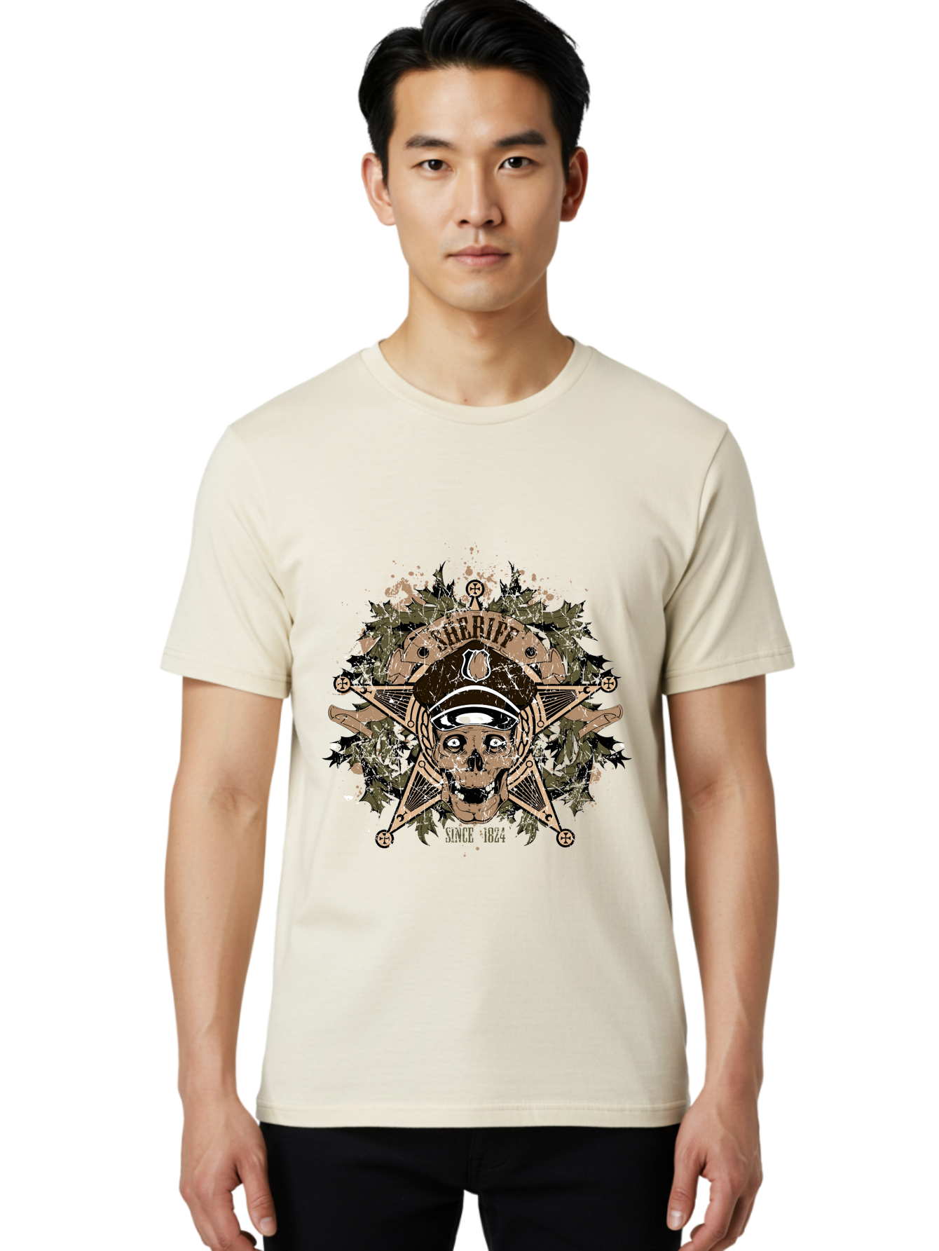 Sheriff Since 1824 Men'S Graphic Tee, 100% Cotton, Comfortable Casual Summer Wear, Machine Washable, Vintage Skull Design, Sailor Skull, Pirate Emblem, Nautical Theme, Tattoo Art, Grunge Style, Maritime Symbol, Edgy Aesthetic, Pirate Life, Aae634 4