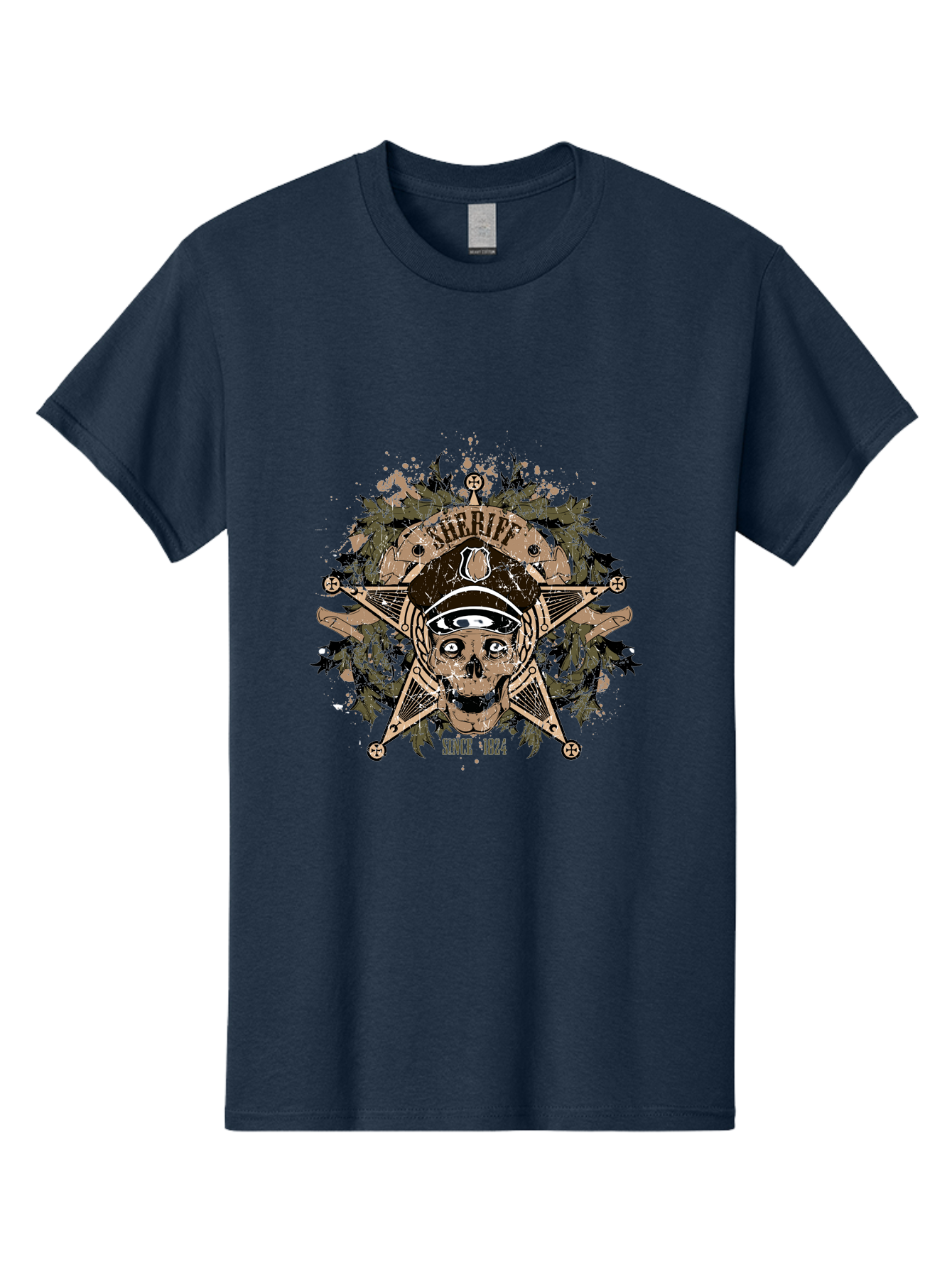 Sheriff Since 1824 Men'S Graphic Tee, 100% Cotton, Comfortable Casual Summer Wear, Machine Washable, Vintage Skull Design, Sailor Skull, Pirate Emblem, Nautical Theme, Tattoo Art, Grunge Style, Maritime Symbol, Edgy Aesthetic, Pirate Life, Aae634 25