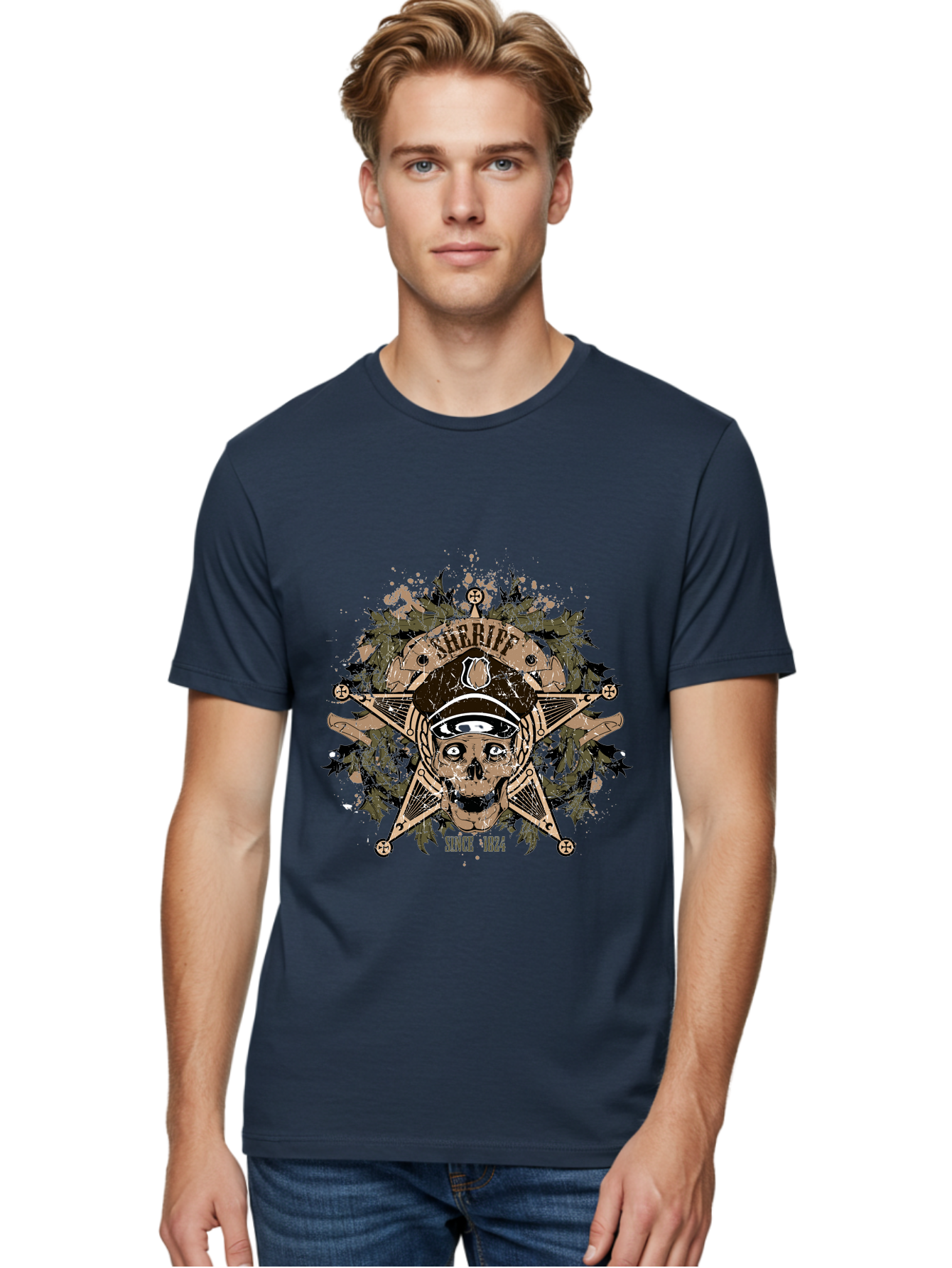 Sheriff Since 1824 Men'S Graphic Tee, 100% Cotton, Comfortable Casual Summer Wear, Machine Washable, Vintage Skull Design, Sailor Skull, Pirate Emblem, Nautical Theme, Tattoo Art, Grunge Style, Maritime Symbol, Edgy Aesthetic, Pirate Life, Aae634 26