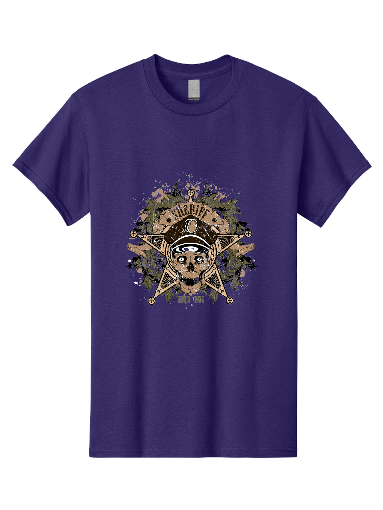 Sheriff Since 1824 Men'S Graphic Tee, 100% Cotton, Comfortable Casual Summer Wear, Machine Washable, Vintage Skull Design, Sailor Skull, Pirate Emblem, Nautical Theme, Tattoo Art, Grunge Style, Maritime Symbol, Edgy Aesthetic, Pirate Life, Aae634 19