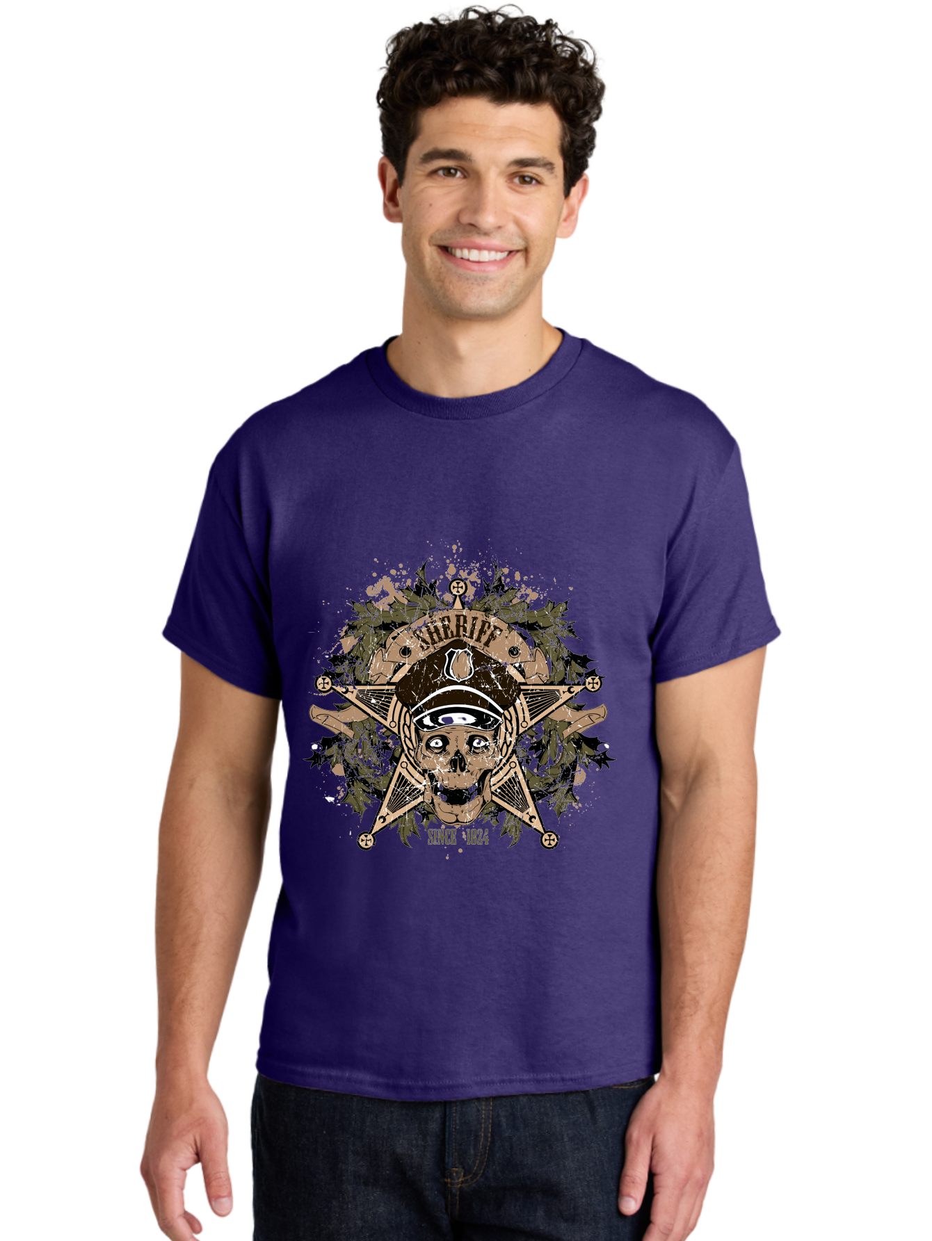 Sheriff Since 1824 Men'S Graphic Tee, 100% Cotton, Comfortable Casual Summer Wear, Machine Washable, Vintage Skull Design, Sailor Skull, Pirate Emblem, Nautical Theme, Tattoo Art, Grunge Style, Maritime Symbol, Edgy Aesthetic, Pirate Life, Aae634 20