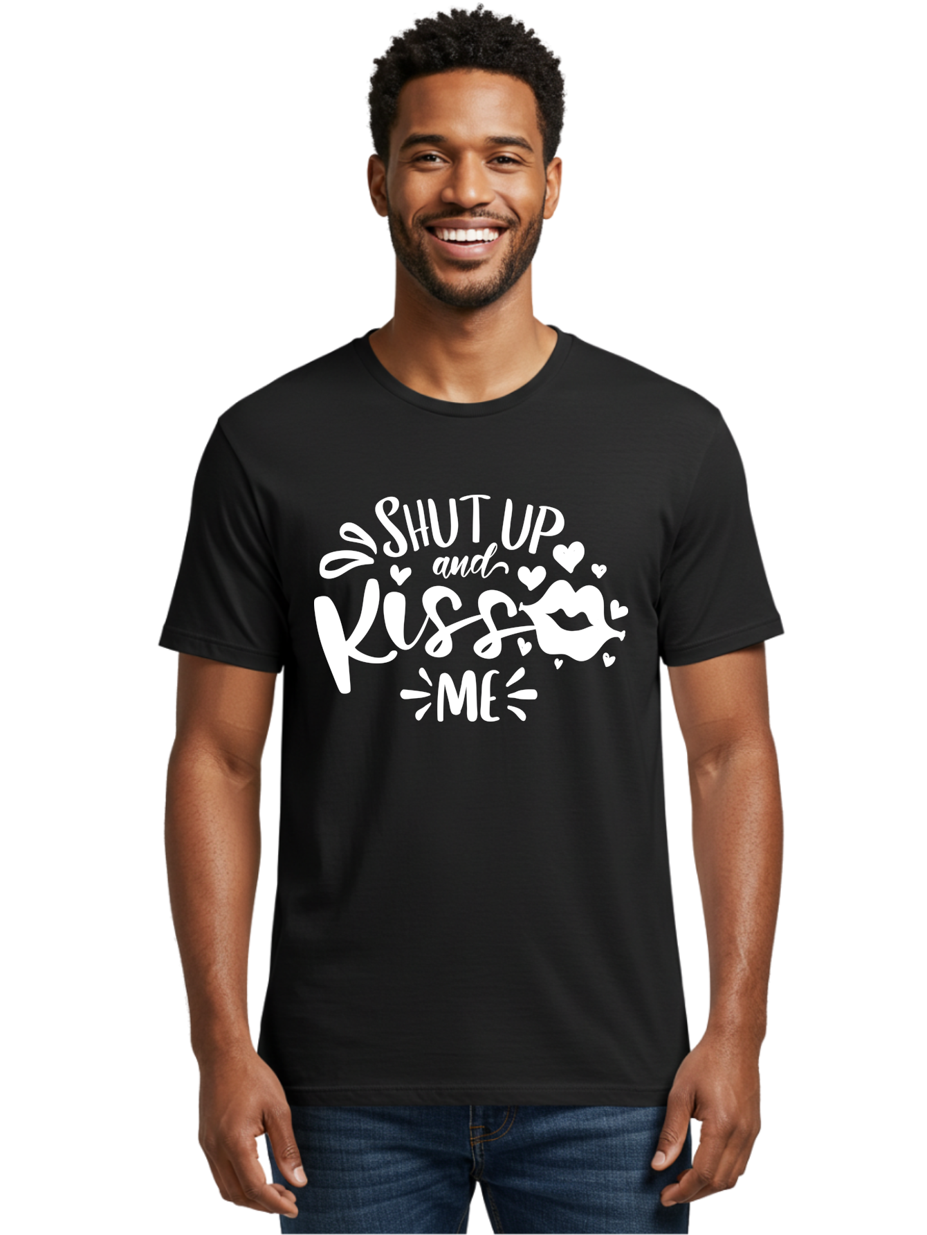 Shut Up And Kiss Me White Men'S Graphic Tee, 100% Cotton, Comfortable Casual Summer Wear, Machine Washable, Romantic Quote, Kiss Me, Shut Up, Love Message, Heart Icons, Lips Illustration, Affectionate Phrase, Valentines Day, Sweet Nothings, Aae637 14