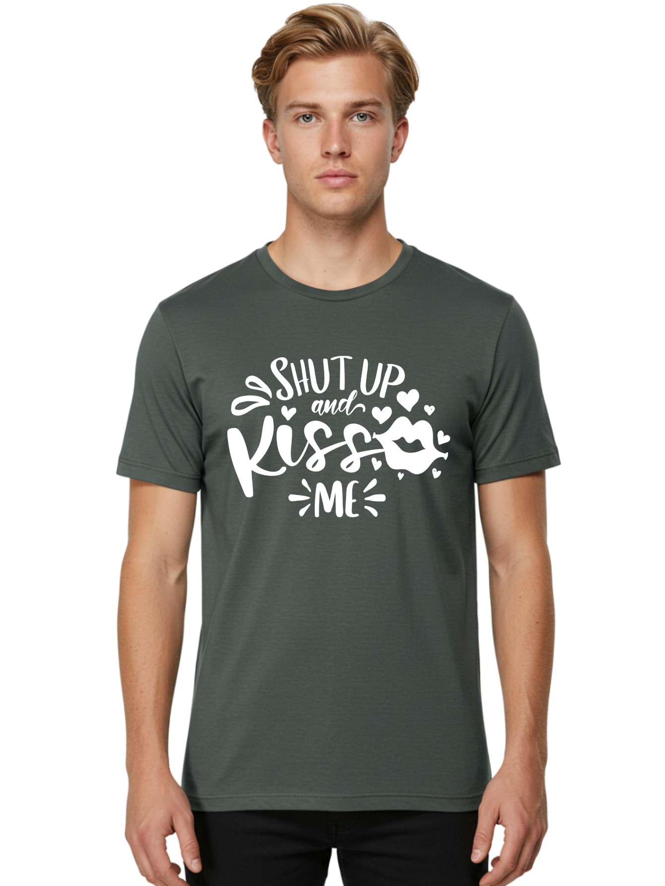 Shut Up And Kiss Me White Men'S Graphic Tee, 100% Cotton, Comfortable Casual Summer Wear, Machine Washable, Romantic Quote, Kiss Me, Shut Up, Love Message, Heart Icons, Lips Illustration, Affectionate Phrase, Valentines Day, Sweet Nothings, Aae637 24