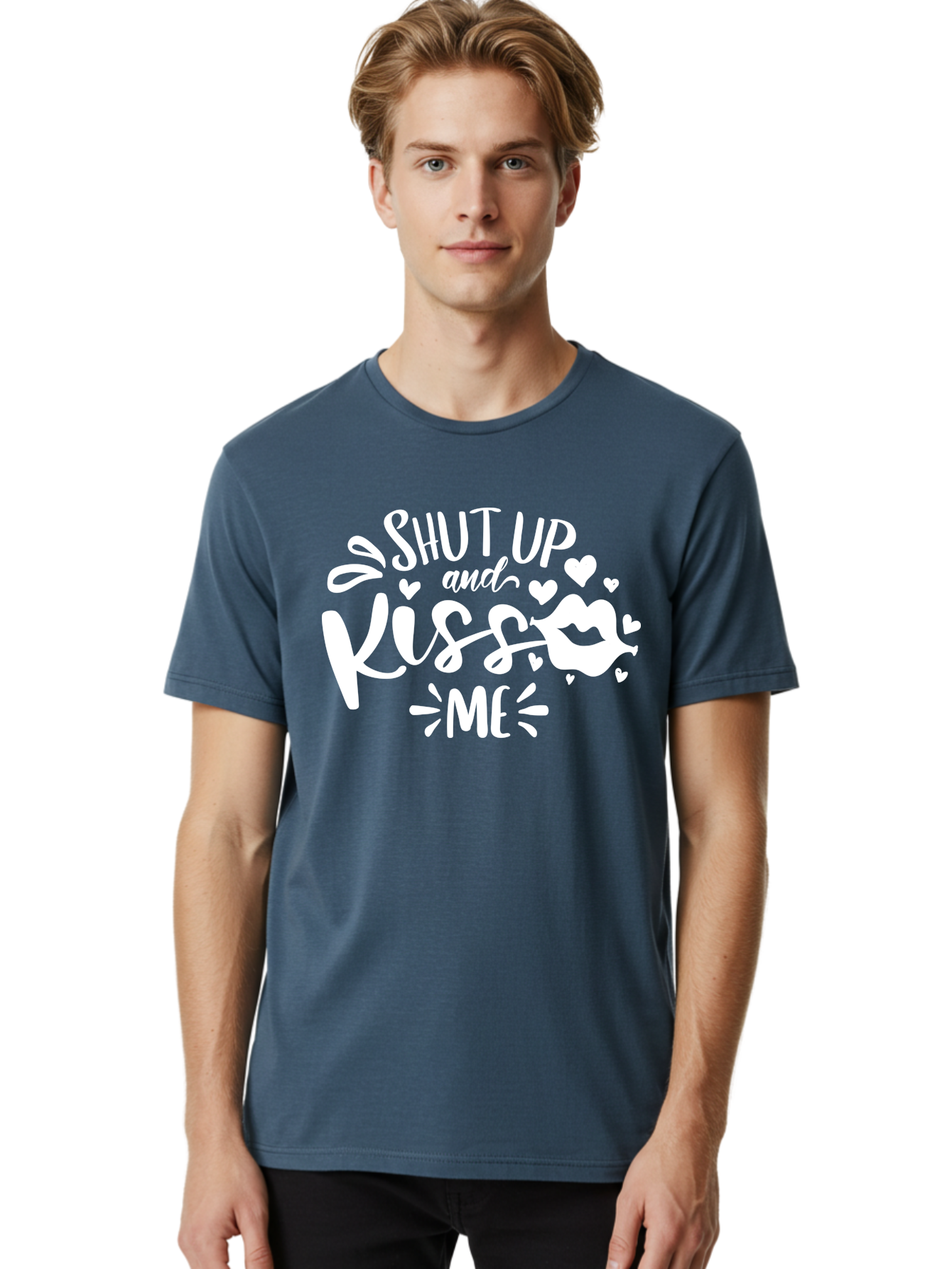 Shut Up And Kiss Me White Men'S Graphic Tee, 100% Cotton, Comfortable Casual Summer Wear, Machine Washable, Romantic Quote, Kiss Me, Shut Up, Love Message, Heart Icons, Lips Illustration, Affectionate Phrase, Valentines Day, Sweet Nothings, Aae637 20