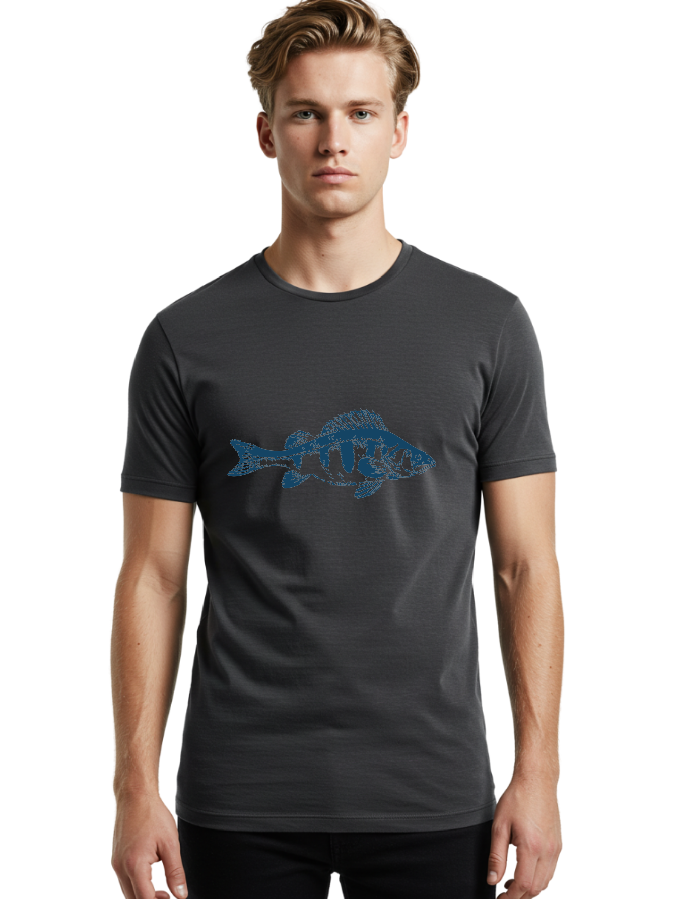 Strikefin Fish Men'S Graphic Tee, 100% Cotton, Comfortable Casual Summer Wear, Machine Washable, Bass Fish Illustration, Line Art, Aquatic Life, Water Sports, Freshwater Fish, Fishing, Monochrome Art, Simple Design, Minimalist, Wildlife Art Aae675 20