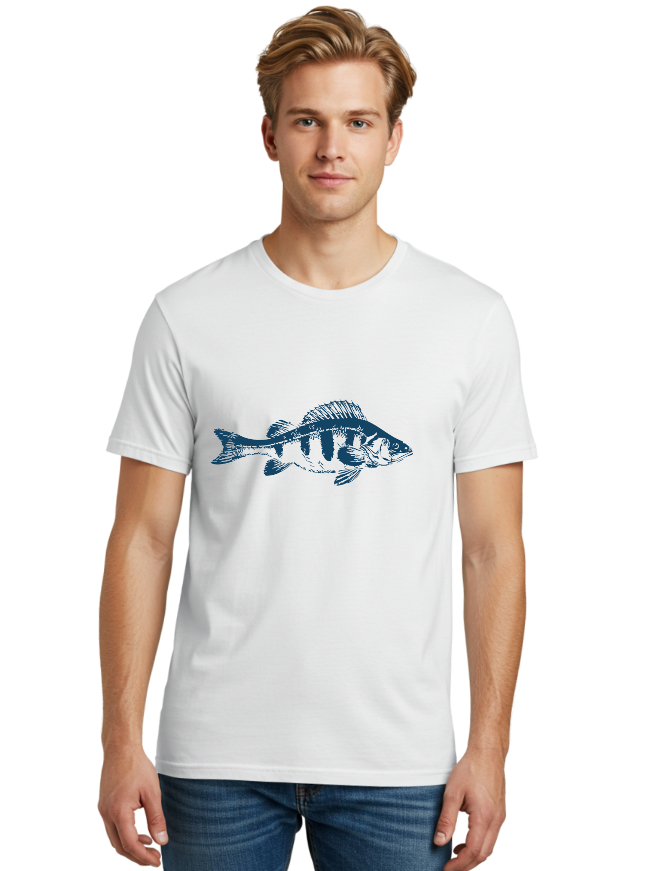 Strikefin Fish Men'S Graphic Tee, 100% Cotton, Comfortable Casual Summer Wear, Machine Washable, Bass Fish Illustration, Line Art, Aquatic Life, Water Sports, Freshwater Fish, Fishing, Monochrome Art, Simple Design, Minimalist, Wildlife Art Aae675 24