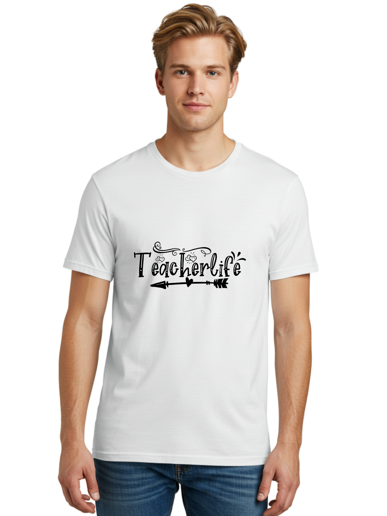 Teacherlife-01 Men'S Graphic Tee, 100% Cotton, Comfortable Casual Summer Wear, Machine Washable, Teacherlife, Teaching Profession, Education Symbol, Decorative Text, Arrow Design, Heart Element, Elegant Script Aae684 8