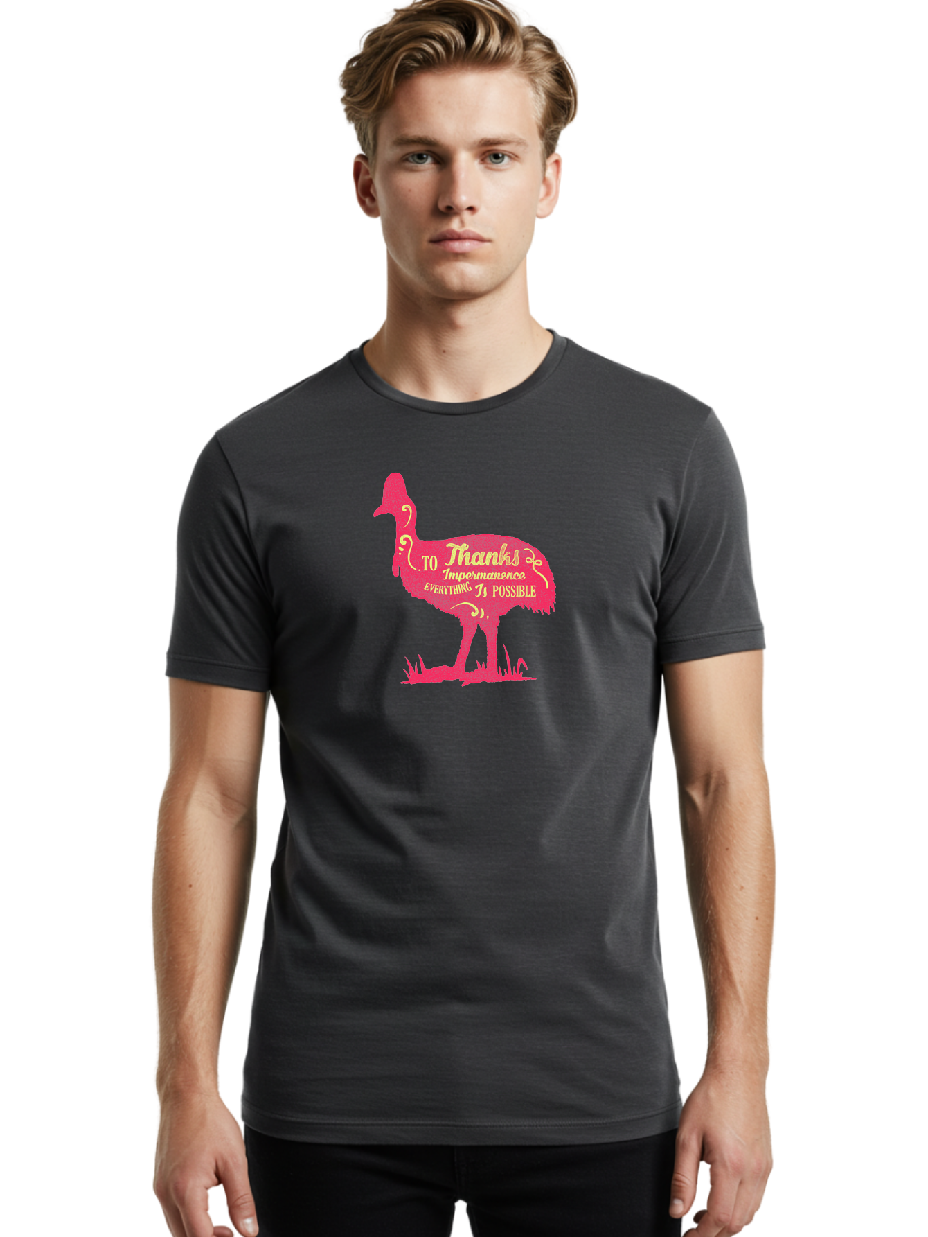 Thanks To Impermanence Men'S Graphic Tee, 100% Cotton, Comfortable Casual Summer Wear, Machine Washable, Stylized Bird Silhouette, Motivational Quote, Inspirational Text, Thanks To Impermanence Everything Is Possible, Creative Typography, Aae689 2
