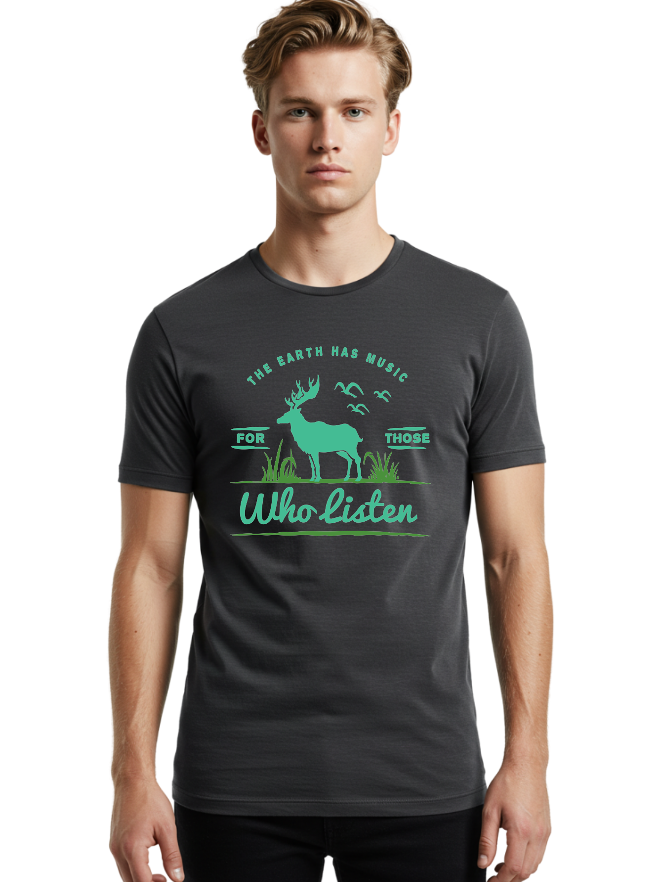 The Earth Has Music Men'S Graphic Tee, 100% Cotton, Comfortable Casual Summer Wear, Machine Washable, Wildlife Conservation, Environmentalism, Deer Silhouette, Birds In Flight, Inspirational Quote, Eco-Friendly Message, Nature Lovers, Aae702 30