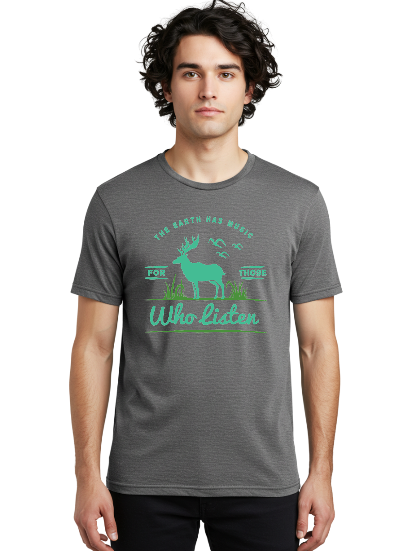 The Earth Has Music Men'S Graphic Tee, 100% Cotton, Comfortable Casual Summer Wear, Machine Washable, Wildlife Conservation, Environmentalism, Deer Silhouette, Birds In Flight, Inspirational Quote, Eco-Friendly Message, Nature Lovers, Aae702 12