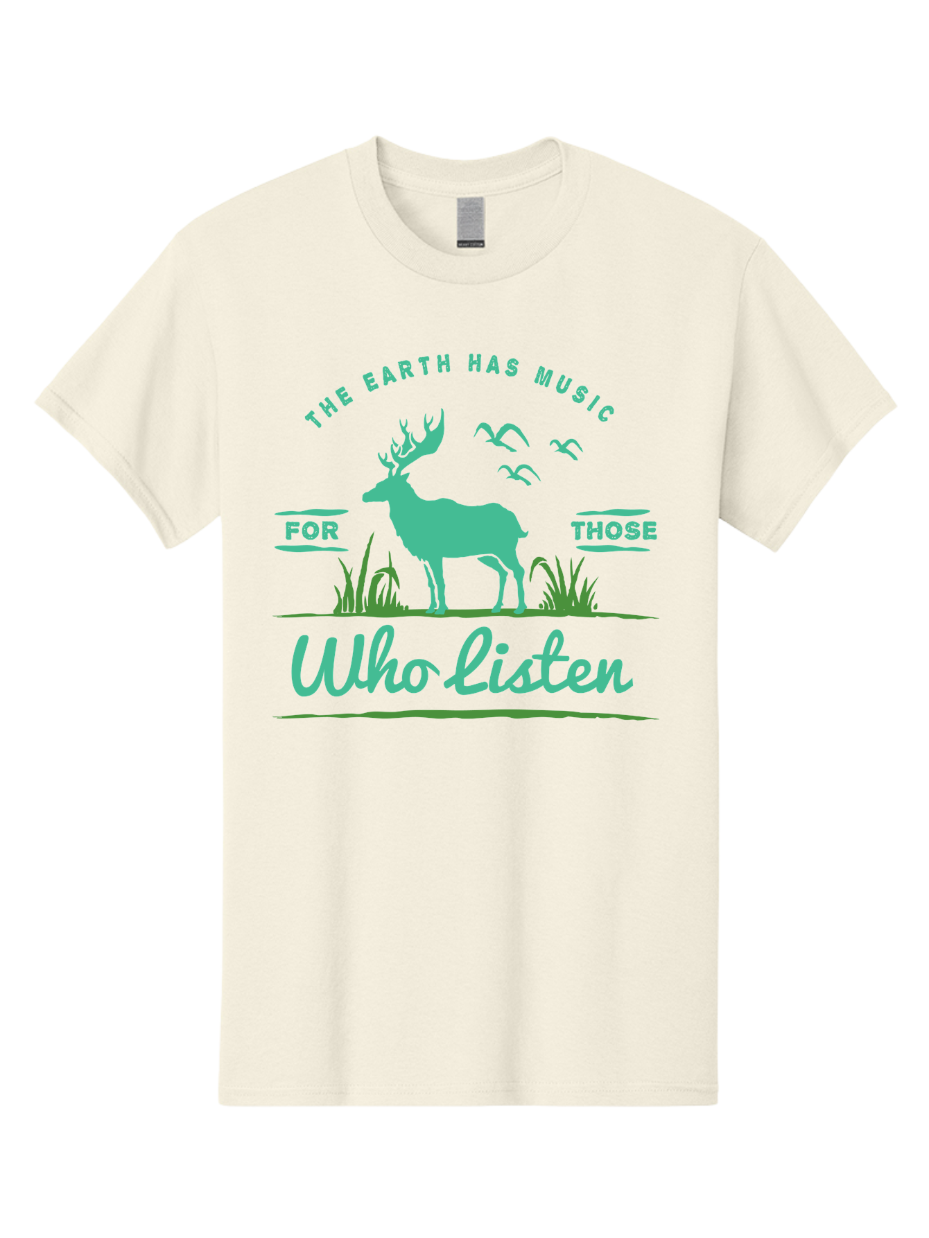 The Earth Has Music Men'S Graphic Tee, 100% Cotton, Comfortable Casual Summer Wear, Machine Washable, Wildlife Conservation, Environmentalism, Deer Silhouette, Birds In Flight, Inspirational Quote, Eco-Friendly Message, Nature Lovers, Aae702 23