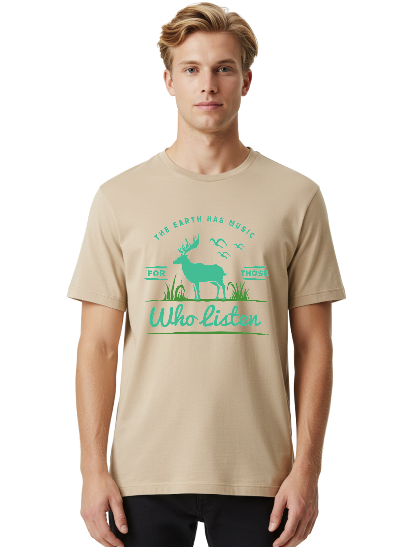 The Earth Has Music Men'S Graphic Tee, 100% Cotton, Comfortable Casual Summer Wear, Machine Washable, Wildlife Conservation, Environmentalism, Deer Silhouette, Birds In Flight, Inspirational Quote, Eco-Friendly Message, Nature Lovers, Aae702 6