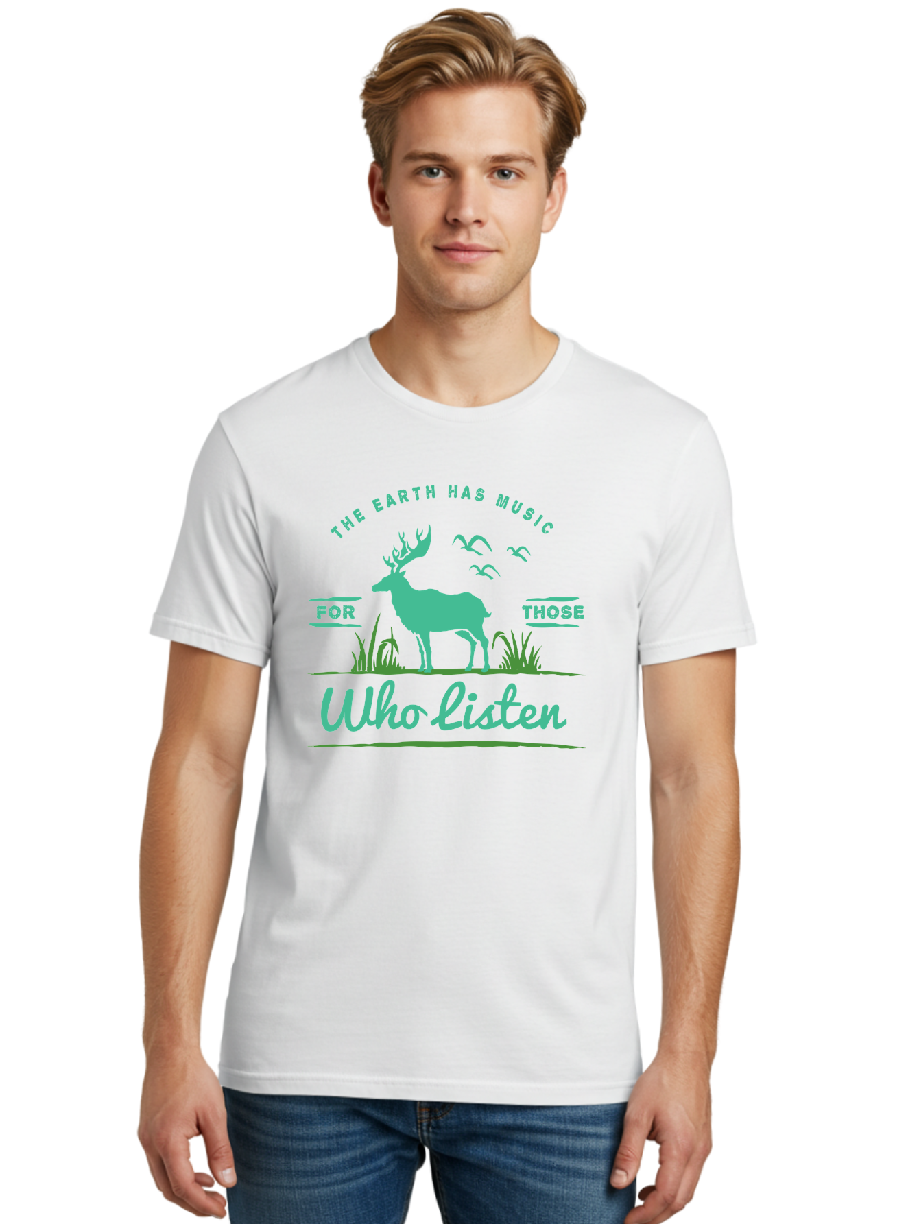 The Earth Has Music Men'S Graphic Tee, 100% Cotton, Comfortable Casual Summer Wear, Machine Washable, Wildlife Conservation, Environmentalism, Deer Silhouette, Birds In Flight, Inspirational Quote, Eco-Friendly Message, Nature Lovers, Aae702 18