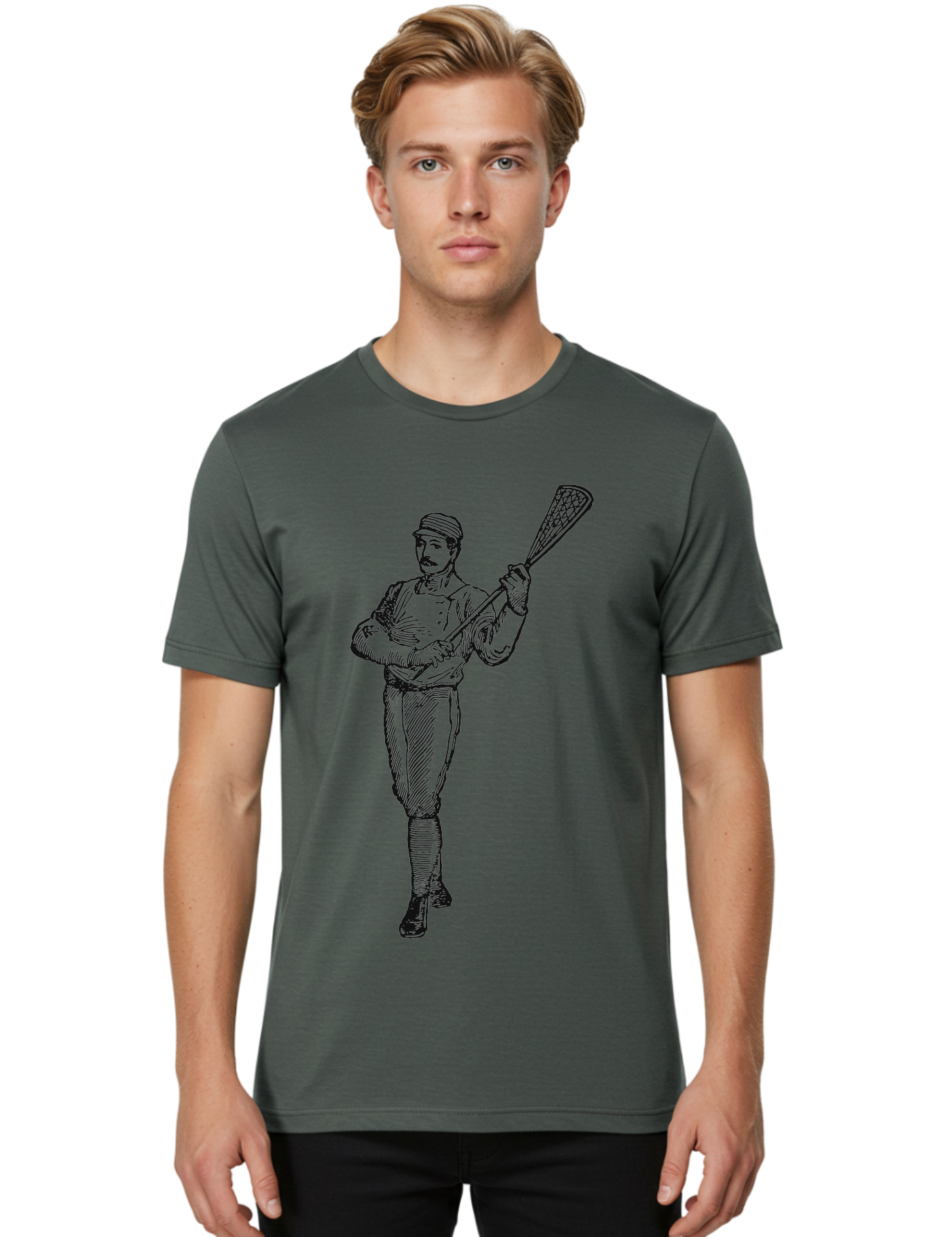 The Lacrosse Pioneer Men'S Graphic Tee, 100% Cotton, Comfortable Casual Summer Wear, Machine Washable, Lacrosse Player, Sports Illustration, Vintage Style, Mustachioed Man, Lacrosse Stick, Athletic Pose, Confident Stance, Aae711 12