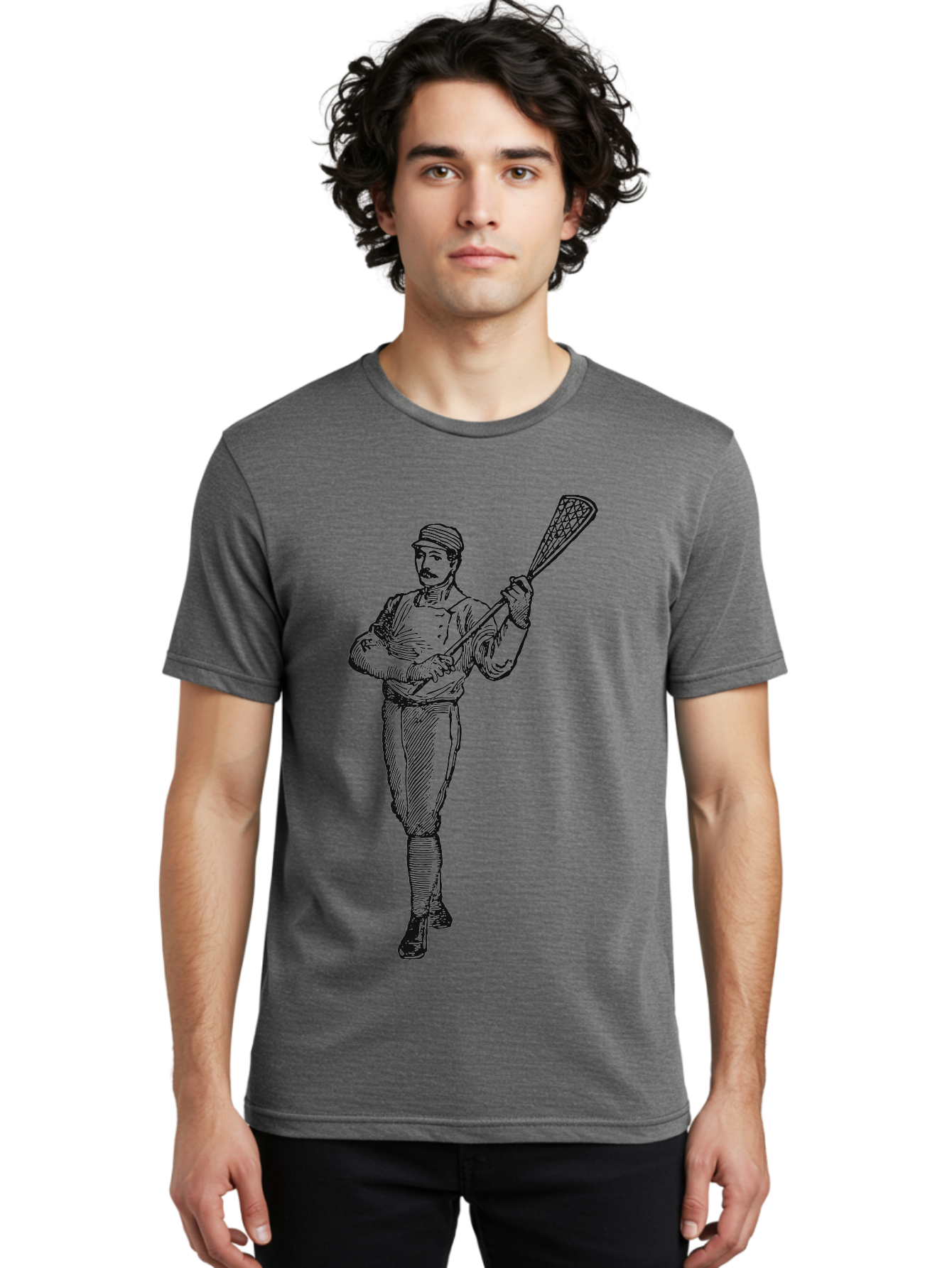 The Lacrosse Pioneer Men'S Graphic Tee, 100% Cotton, Comfortable Casual Summer Wear, Machine Washable, Lacrosse Player, Sports Illustration, Vintage Style, Mustachioed Man, Lacrosse Stick, Athletic Pose, Confident Stance, Aae711 14