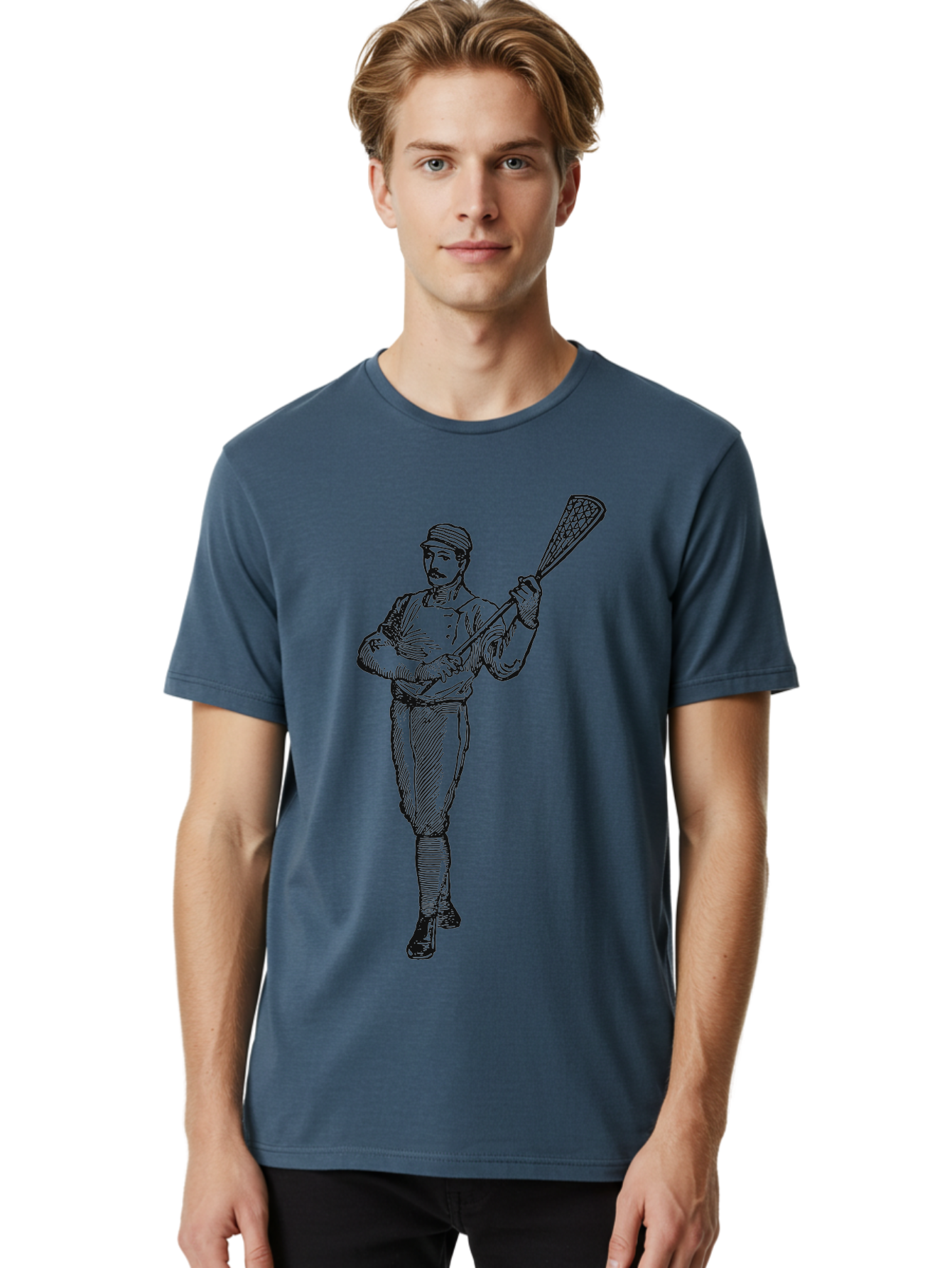 The Lacrosse Pioneer Men'S Graphic Tee, 100% Cotton, Comfortable Casual Summer Wear, Machine Washable, Lacrosse Player, Sports Illustration, Vintage Style, Mustachioed Man, Lacrosse Stick, Athletic Pose, Confident Stance, Aae711 10