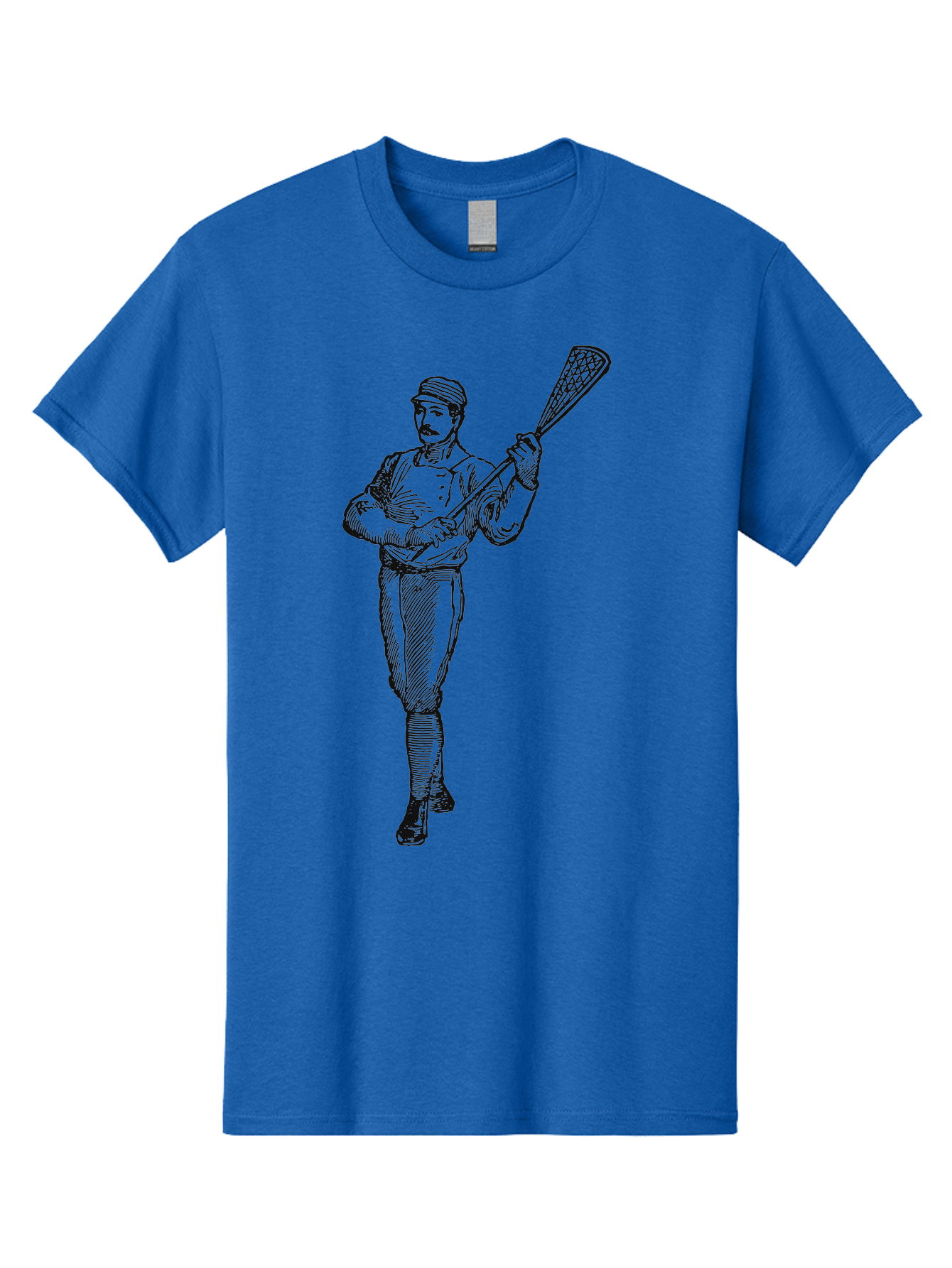 The Lacrosse Pioneer Men'S Graphic Tee, 100% Cotton, Comfortable Casual Summer Wear, Machine Washable, Lacrosse Player, Sports Illustration, Vintage Style, Mustachioed Man, Lacrosse Stick, Athletic Pose, Confident Stance, Aae711 3