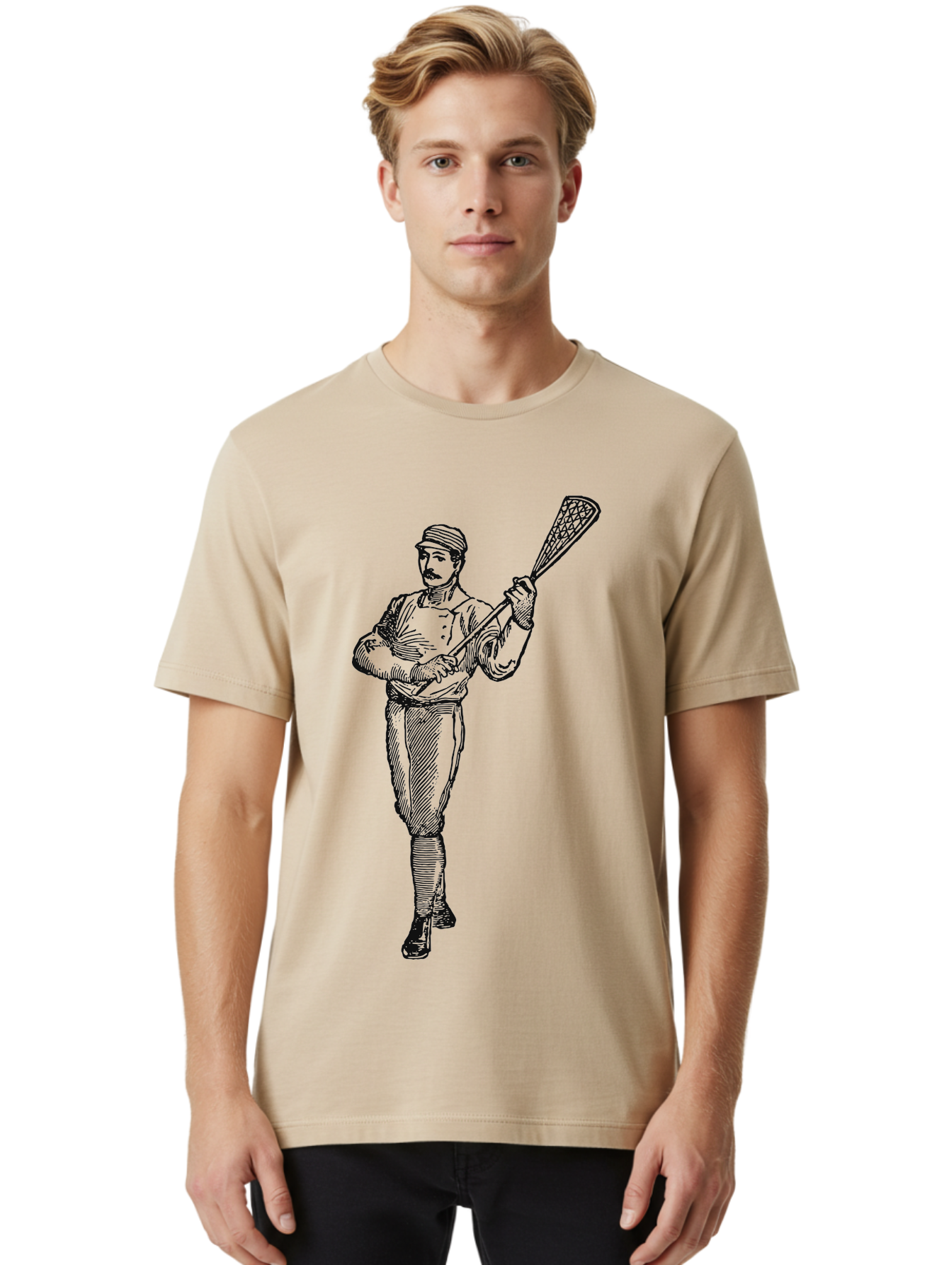 The Lacrosse Pioneer Men'S Graphic Tee, 100% Cotton, Comfortable Casual Summer Wear, Machine Washable, Lacrosse Player, Sports Illustration, Vintage Style, Mustachioed Man, Lacrosse Stick, Athletic Pose, Confident Stance, Aae711 20