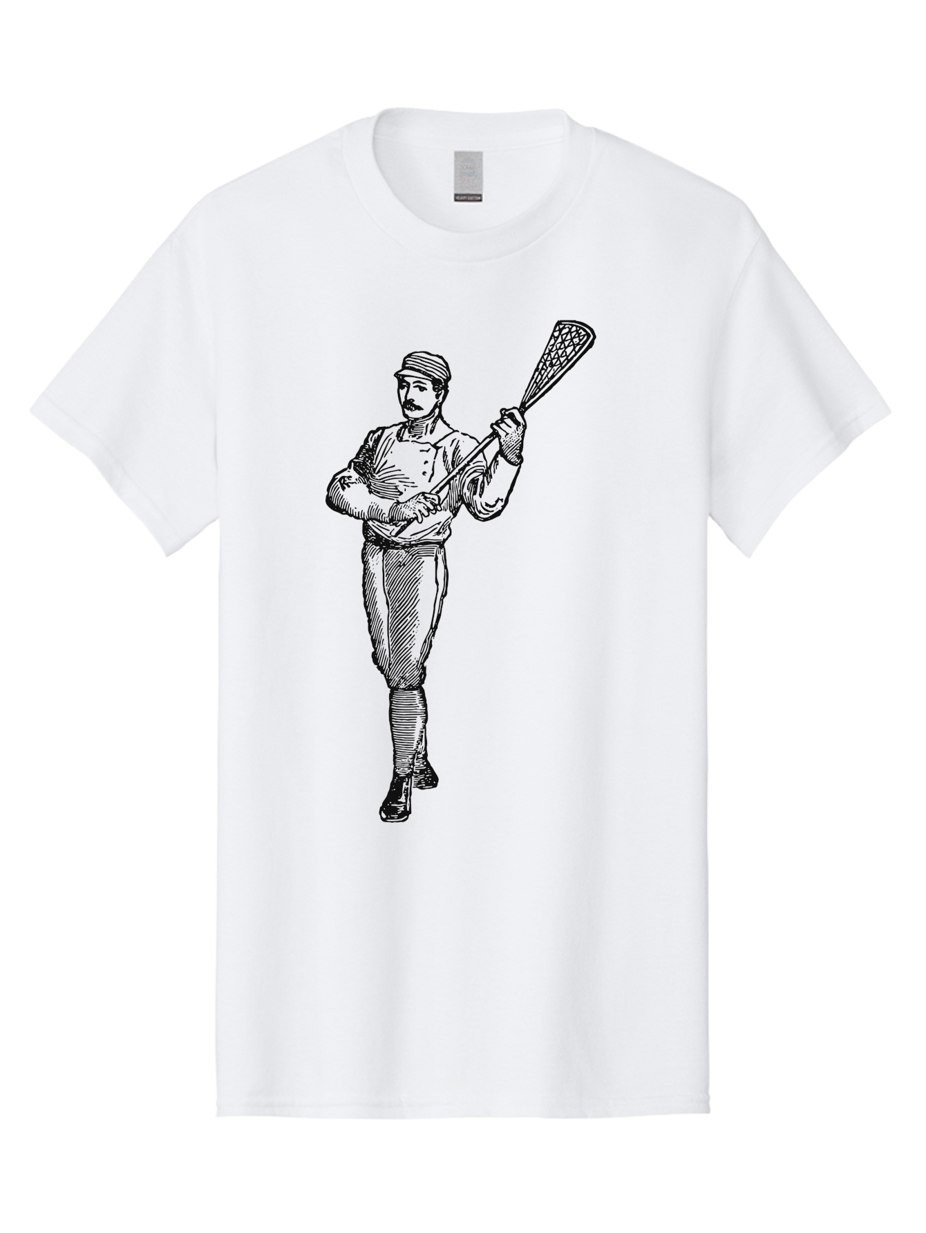 The Lacrosse Pioneer Men'S Graphic Tee, 100% Cotton, Comfortable Casual Summer Wear, Machine Washable, Lacrosse Player, Sports Illustration, Vintage Style, Mustachioed Man, Lacrosse Stick, Athletic Pose, Confident Stance, Aae711 15