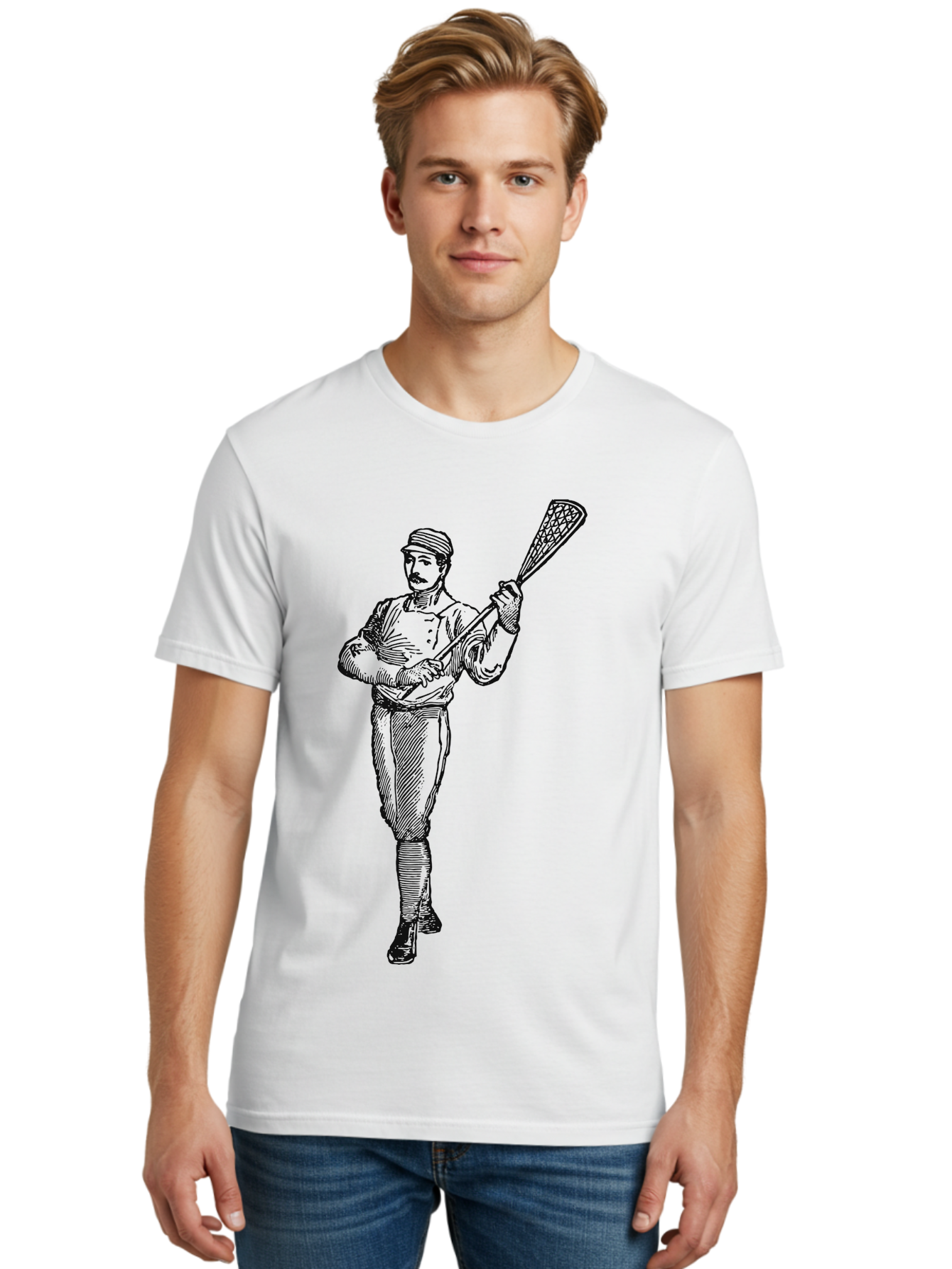 The Lacrosse Pioneer Men'S Graphic Tee, 100% Cotton, Comfortable Casual Summer Wear, Machine Washable, Lacrosse Player, Sports Illustration, Vintage Style, Mustachioed Man, Lacrosse Stick, Athletic Pose, Confident Stance, Aae711 16