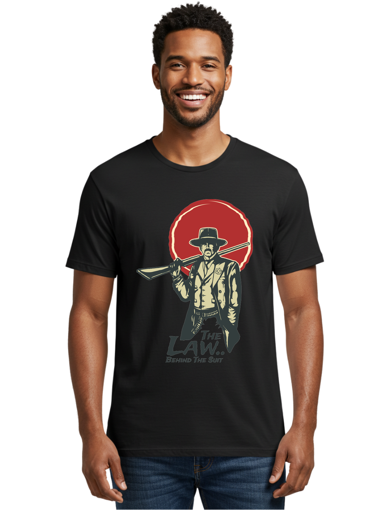 The Law Behind The Suit Men'S Graphic Tee, 100% Cotton, Comfortable Casual Summer Wear, Machine Washable, Western Sheriff, Cowboy With Shotgun, Law Enforcement, Western Style, Rugged Individualism, Vintage Graphics, Retro Illustration, Aae712 14