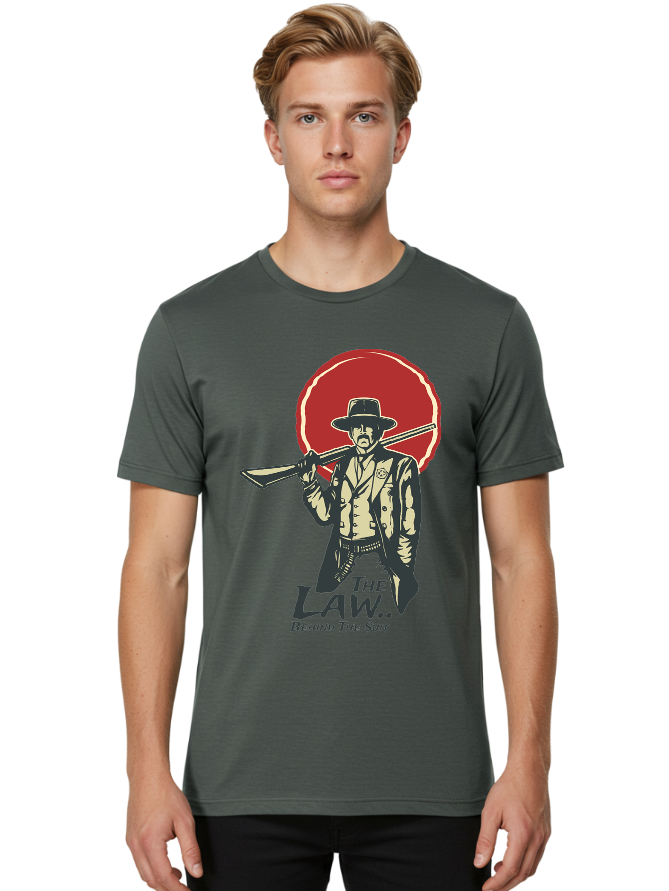 The Law Behind The Suit Men'S Graphic Tee, 100% Cotton, Comfortable Casual Summer Wear, Machine Washable, Western Sheriff, Cowboy With Shotgun, Law Enforcement, Western Style, Rugged Individualism, Vintage Graphics, Retro Illustration, Aae712 18