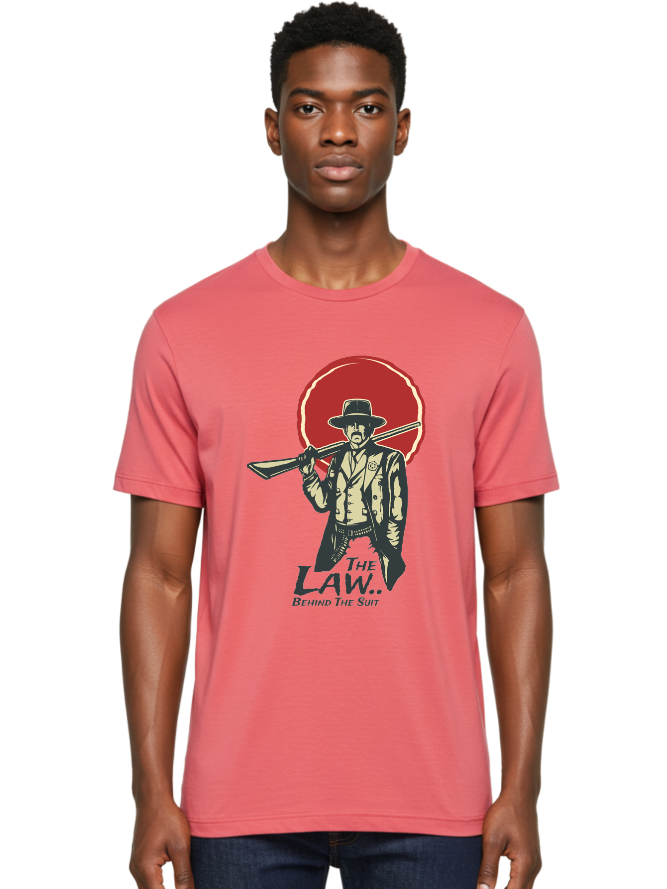 The Law Behind The Suit Men'S Graphic Tee, 100% Cotton, Comfortable Casual Summer Wear, Machine Washable, Western Sheriff, Cowboy With Shotgun, Law Enforcement, Western Style, Rugged Individualism, Vintage Graphics, Retro Illustration, Aae712 30
