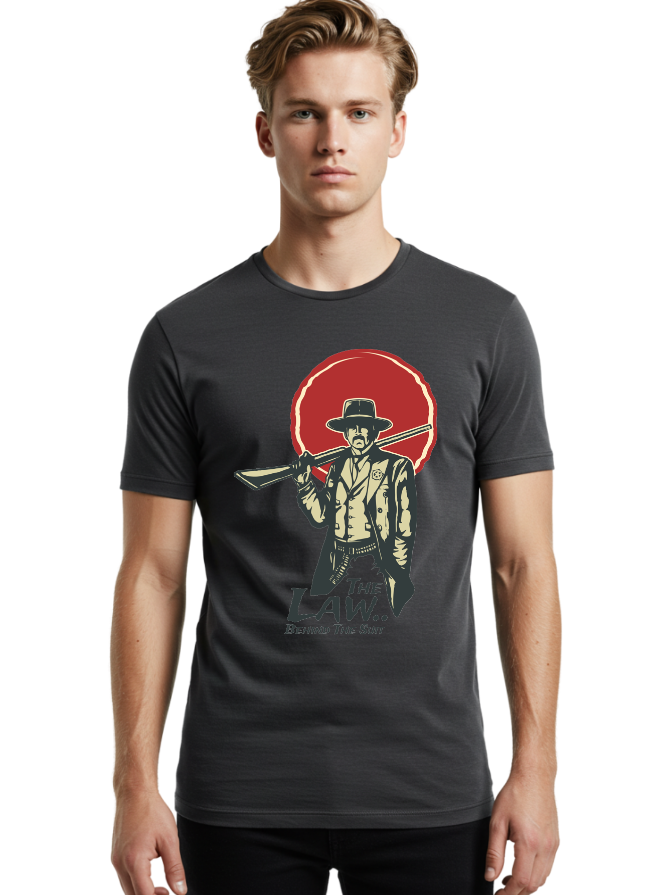 The Law Behind The Suit Men'S Graphic Tee, 100% Cotton, Comfortable Casual Summer Wear, Machine Washable, Western Sheriff, Cowboy With Shotgun, Law Enforcement, Western Style, Rugged Individualism, Vintage Graphics, Retro Illustration, Aae712 20