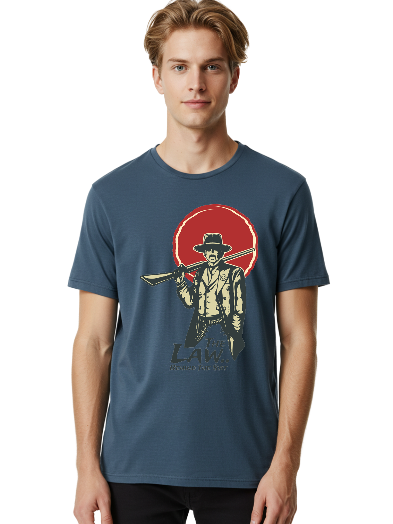 The Law Behind The Suit Men'S Graphic Tee, 100% Cotton, Comfortable Casual Summer Wear, Machine Washable, Western Sheriff, Cowboy With Shotgun, Law Enforcement, Western Style, Rugged Individualism, Vintage Graphics, Retro Illustration, Aae712 12