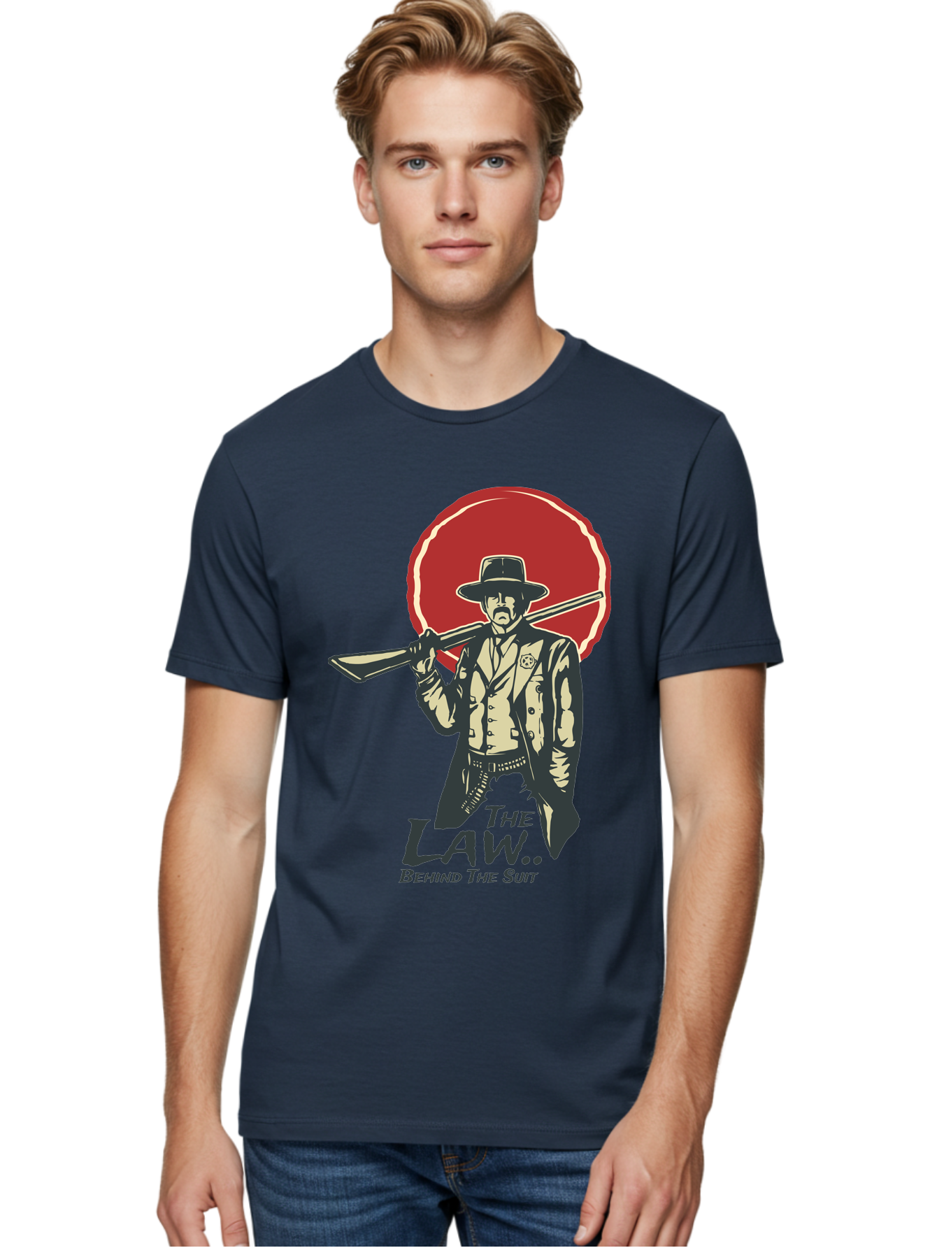 The Law Behind The Suit Men'S Graphic Tee, 100% Cotton, Comfortable Casual Summer Wear, Machine Washable, Western Sheriff, Cowboy With Shotgun, Law Enforcement, Western Style, Rugged Individualism, Vintage Graphics, Retro Illustration, Aae712 6