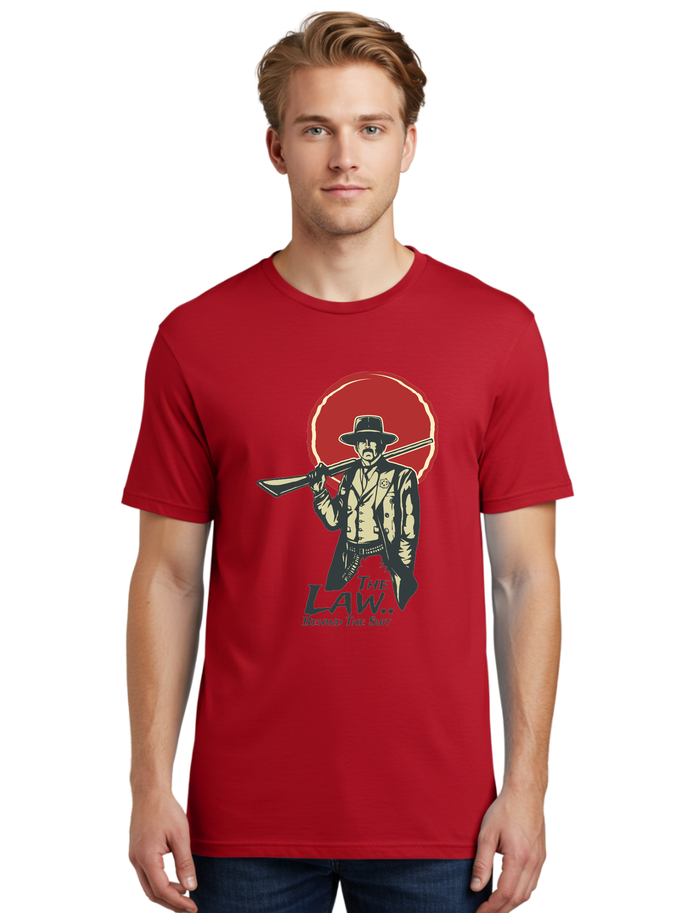 The Law Behind The Suit Men'S Graphic Tee, 100% Cotton, Comfortable Casual Summer Wear, Machine Washable, Western Sheriff, Cowboy With Shotgun, Law Enforcement, Western Style, Rugged Individualism, Vintage Graphics, Retro Illustration, Aae712 28