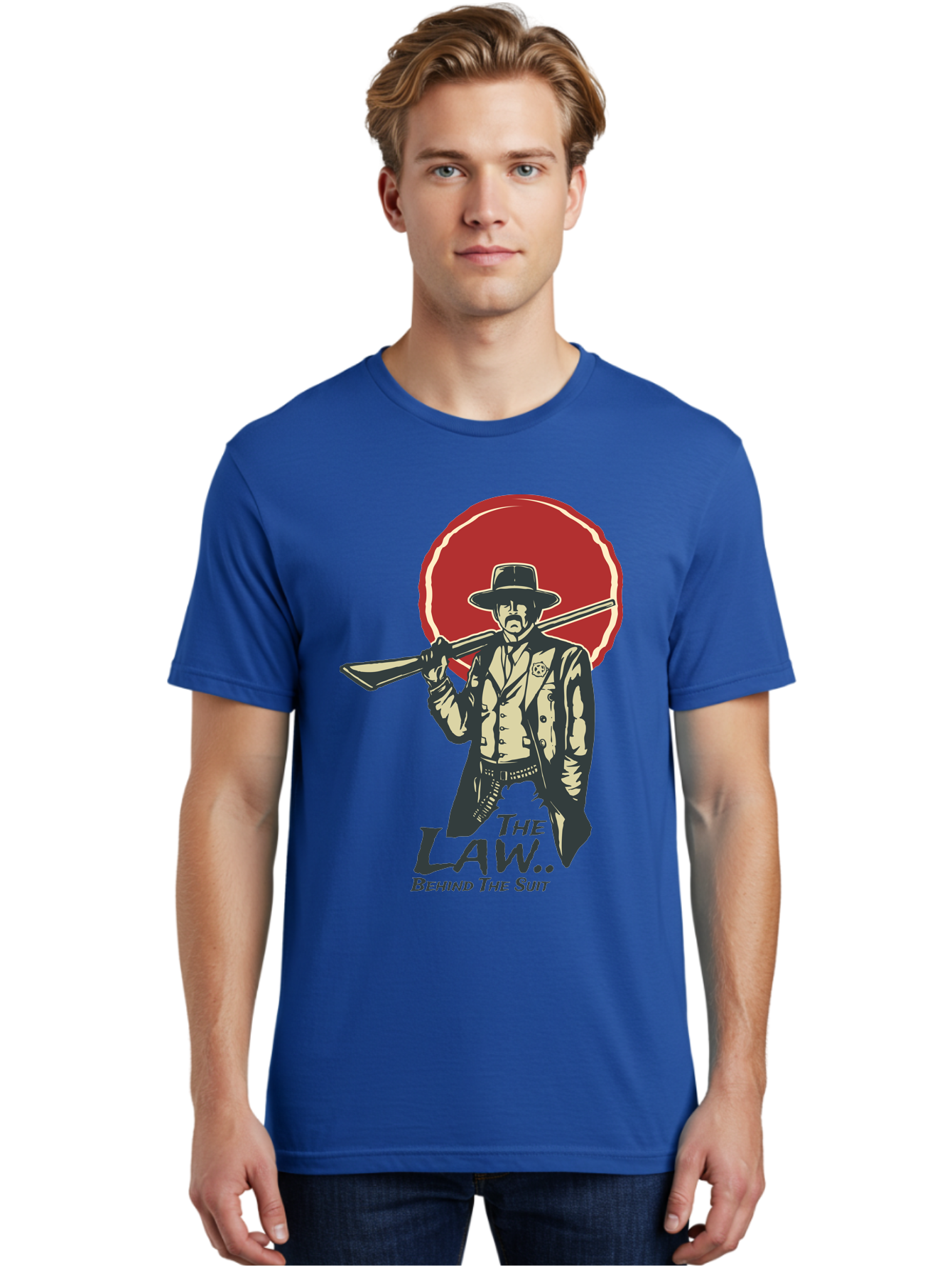 The Law Behind The Suit Men'S Graphic Tee, 100% Cotton, Comfortable Casual Summer Wear, Machine Washable, Western Sheriff, Cowboy With Shotgun, Law Enforcement, Western Style, Rugged Individualism, Vintage Graphics, Retro Illustration, Aae712 24
