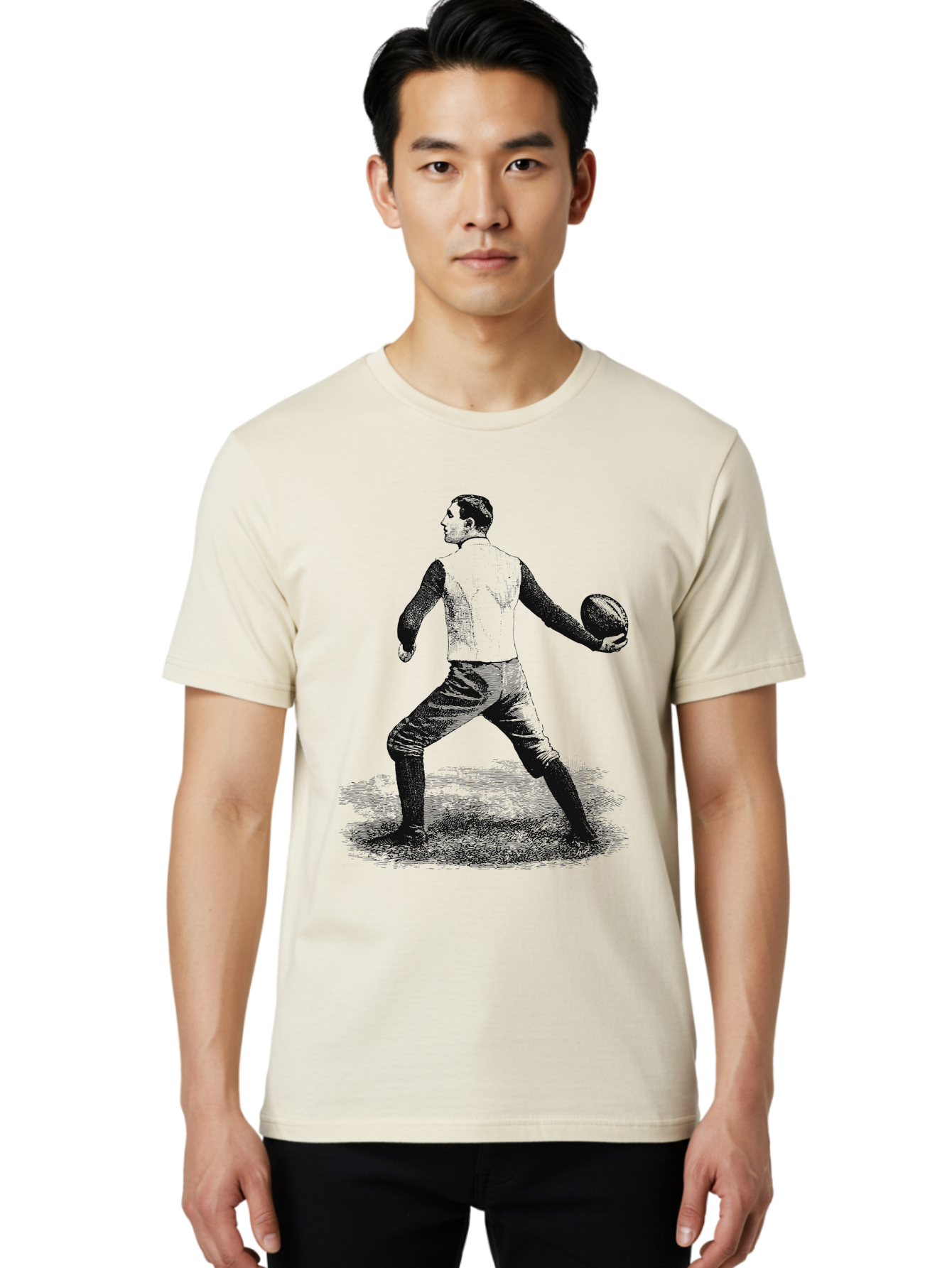 The Original Quarterback Men'S Graphic Tee, 100% Cotton, Comfortable Casual Summer Wear, Machine Washable, Rugby Player In Action, Athlete In Motion, Sports Illustration, Vintage Style, Rugby Ball, Dynamic Pose, Energetic Movement, Aae718 4