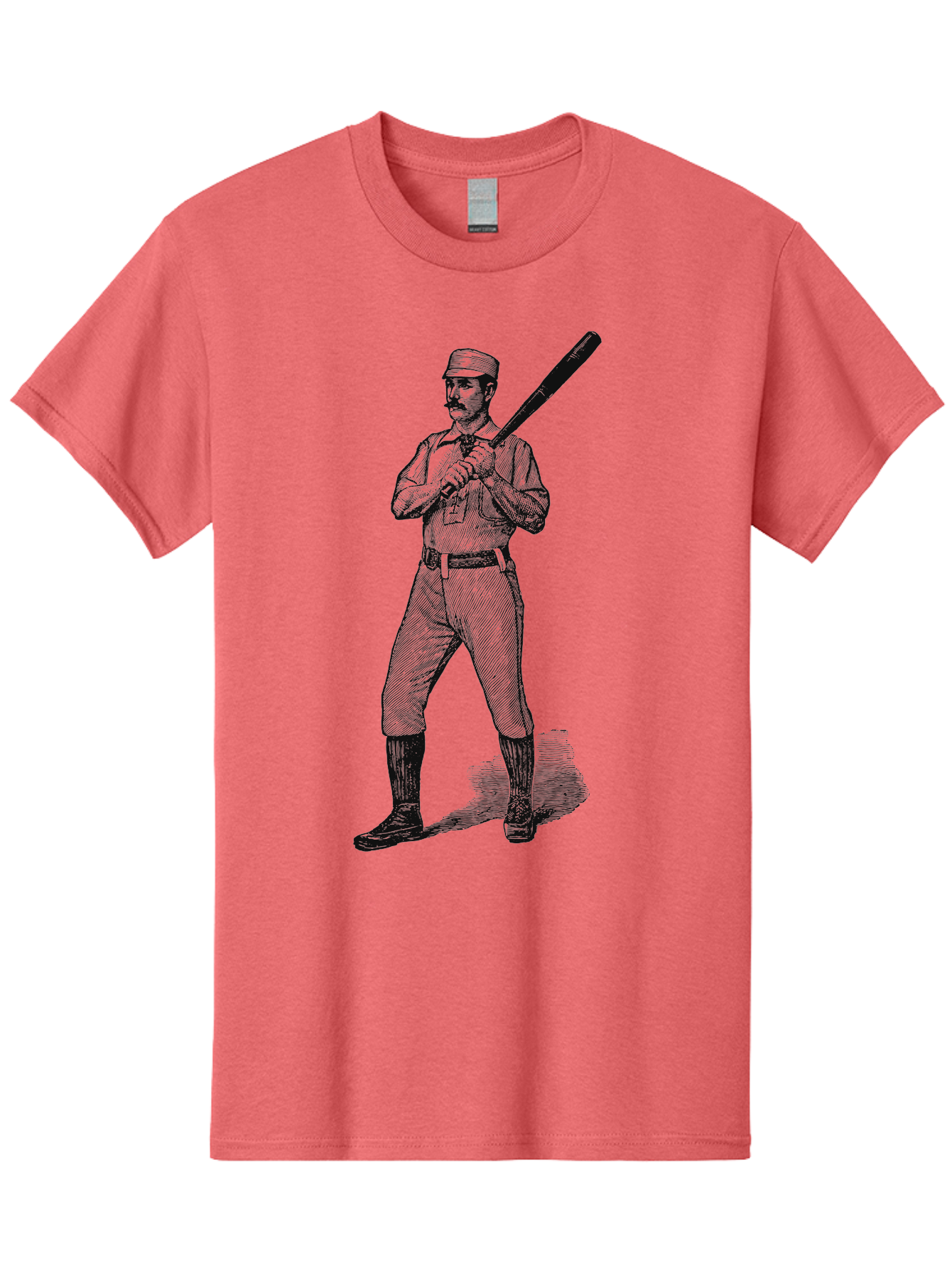 The Vintage Swing Men'S Graphic Tee, 100% Cotton, Comfortable Casual Summer Wear, Machine Washable, Vintage Baseball Player, Old-Fashioned Uniform, Retro Baseball Style, Classic Baseball Illustration, Holding Baseball Bat, Mustachioed Man, Aae725 21