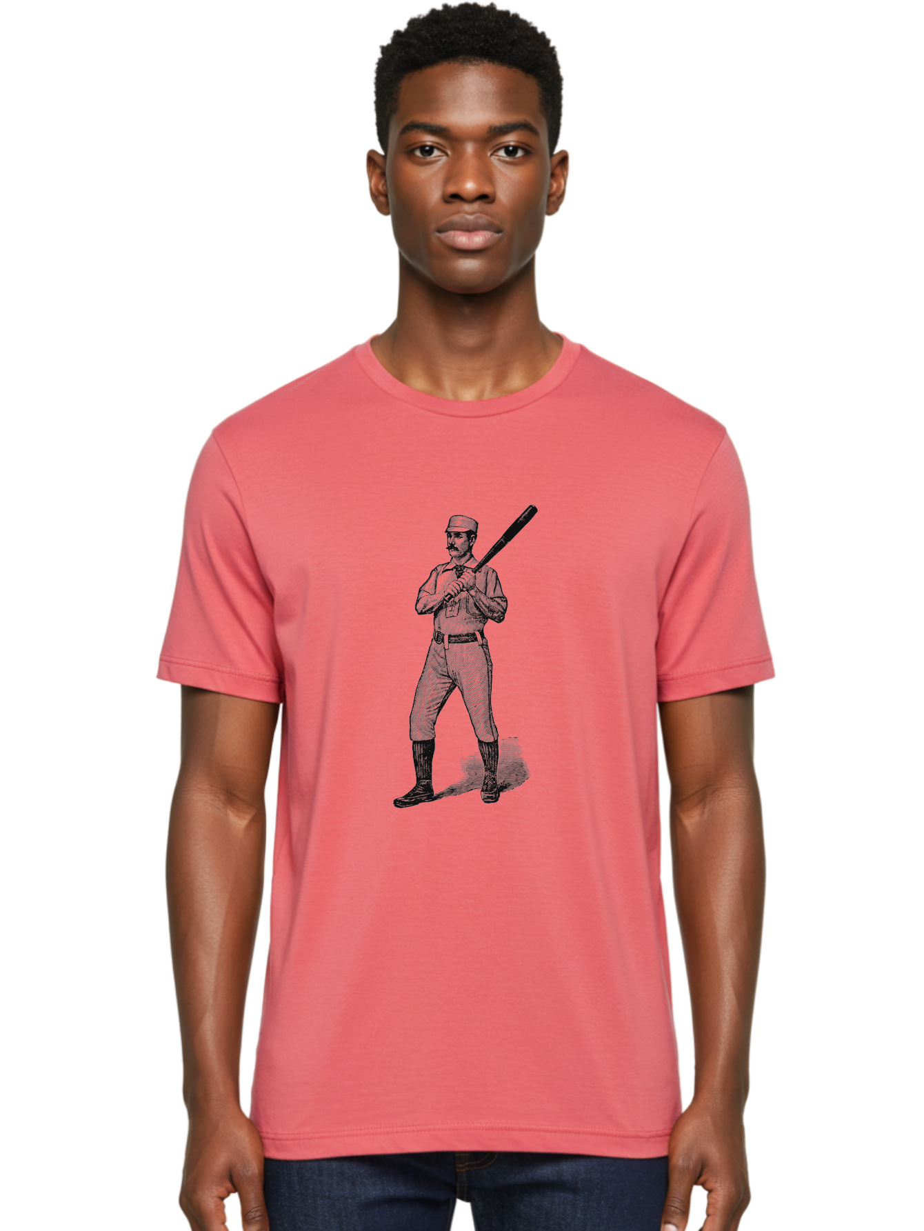 The Vintage Swing Men'S Graphic Tee, 100% Cotton, Comfortable Casual Summer Wear, Machine Washable, Vintage Baseball Player, Old-Fashioned Uniform, Retro Baseball Style, Classic Baseball Illustration, Holding Baseball Bat, Mustachioed Man, Aae725 22