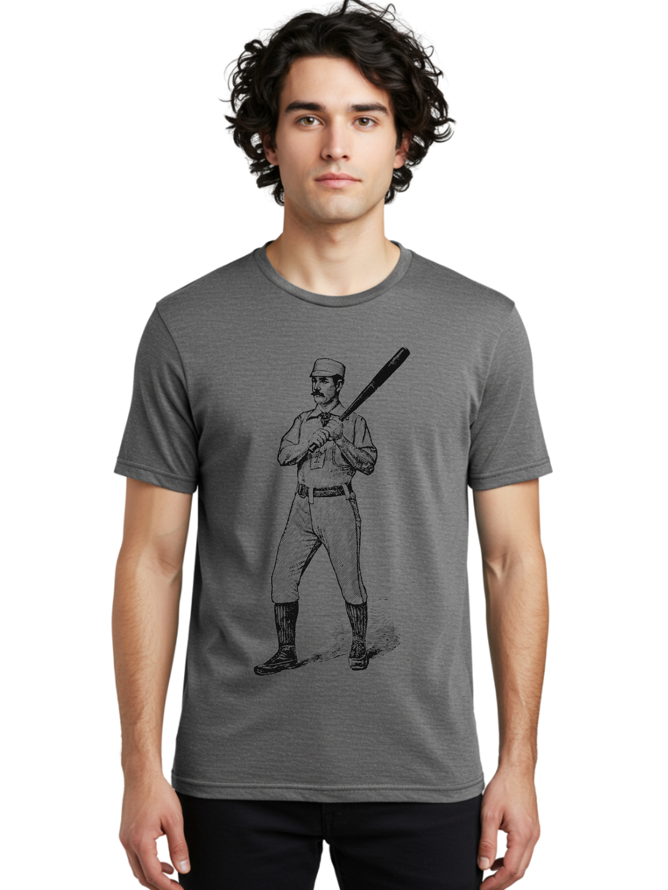 The Vintage Swing Men'S Graphic Tee, 100% Cotton, Comfortable Casual Summer Wear, Machine Washable, Vintage Baseball Player, Old-Fashioned Uniform, Retro Baseball Style, Classic Baseball Illustration, Holding Baseball Bat, Mustachioed Man, Aae725 10